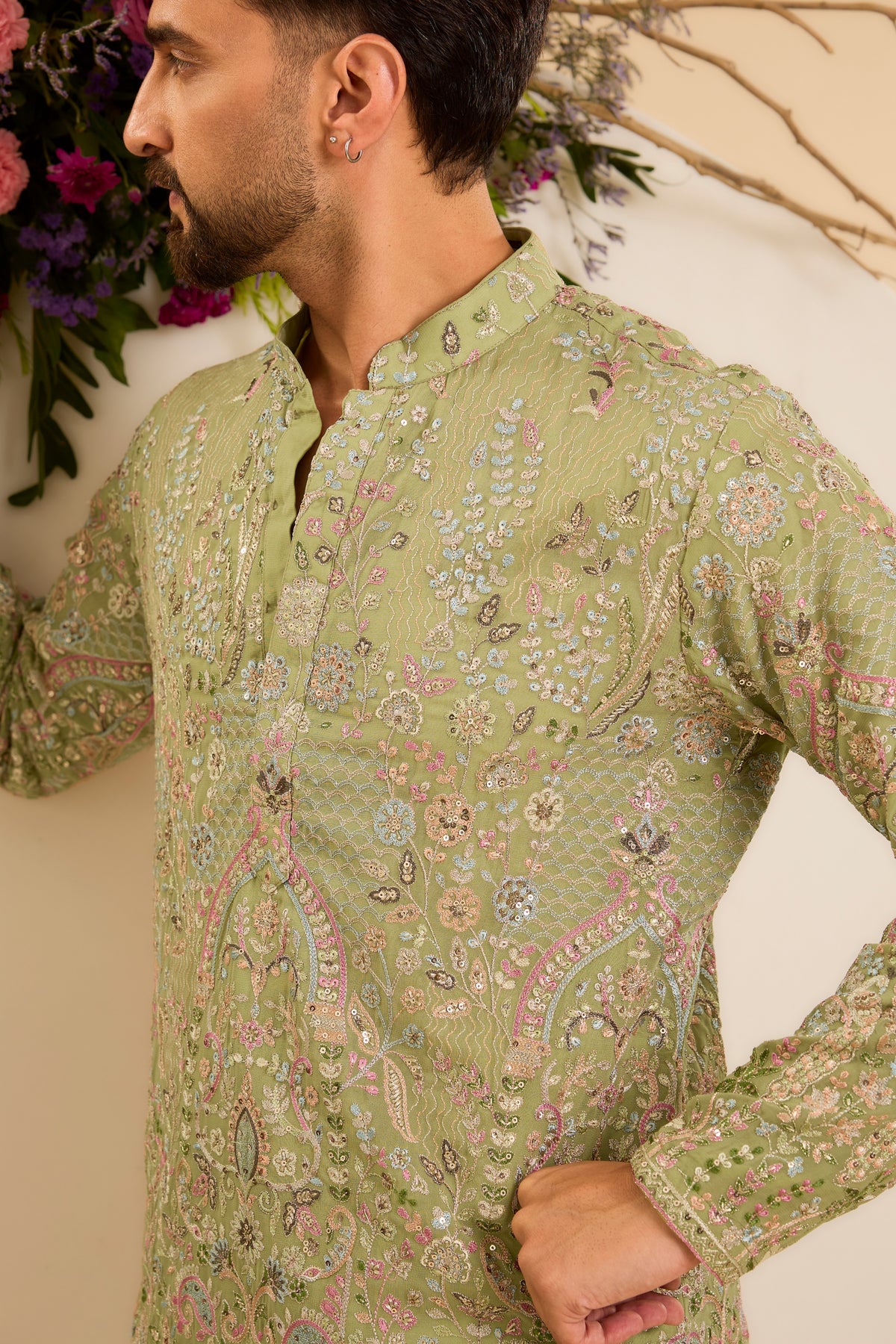 A Whimsical Tropical Landscape Woven Across Pastel Green