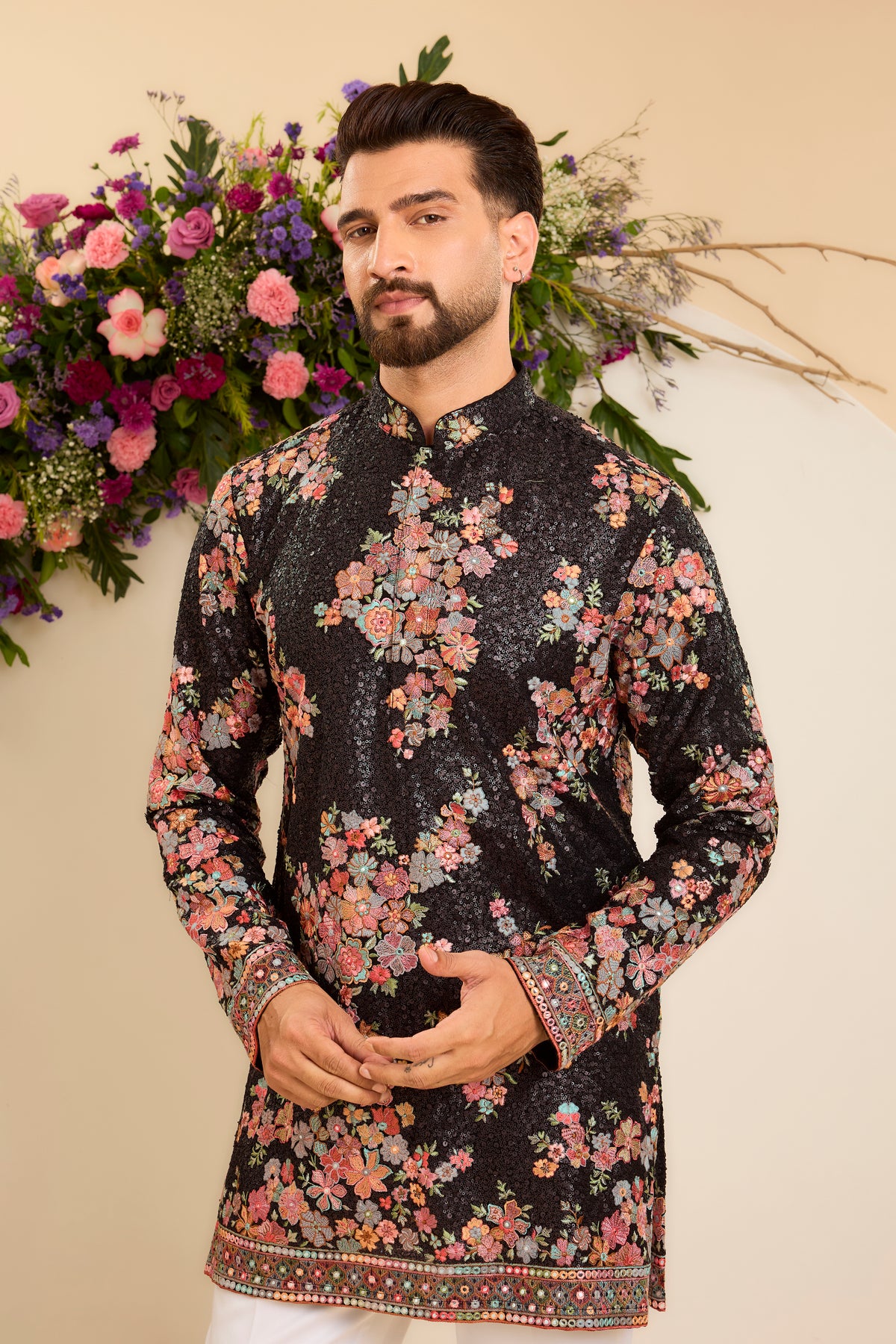 Black Sequined Kurta Enhanced with Multicoloured Floral Embroidery