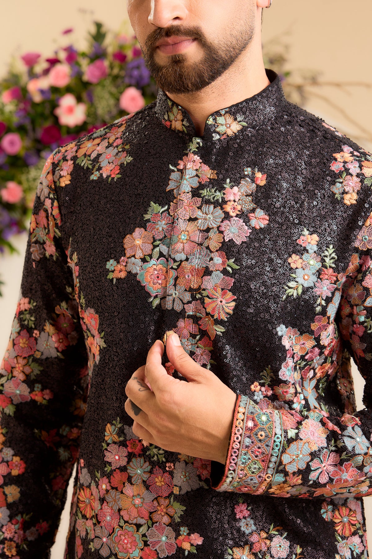 Black Sequined Kurta Enhanced with Multicoloured Floral Embroidery