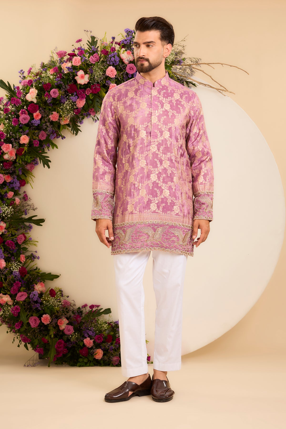 Purple  Tissue Kurta with a Flamingo-Embroidered Ghera