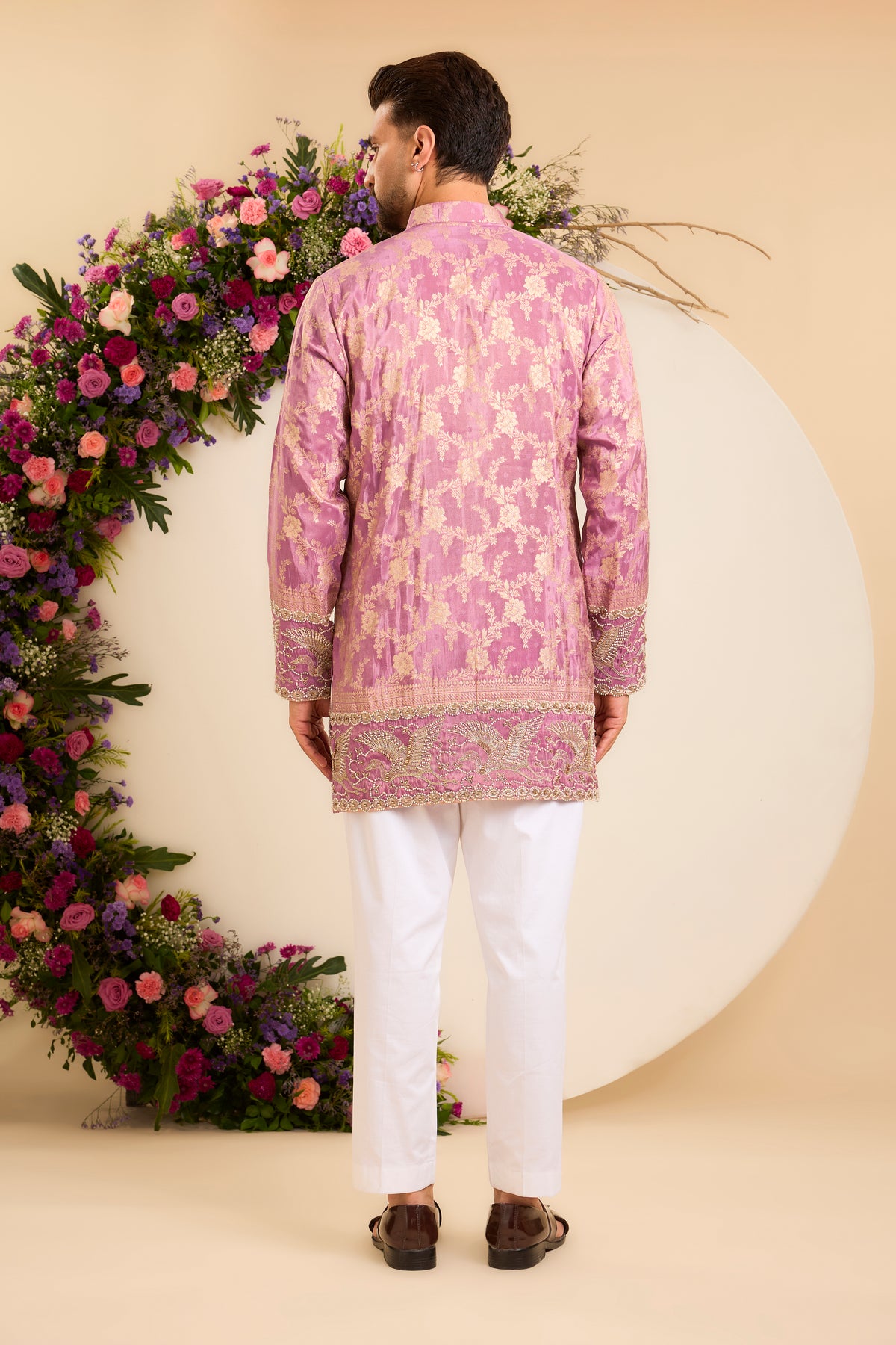 Purple  Tissue Kurta with a Flamingo-Embroidered Ghera