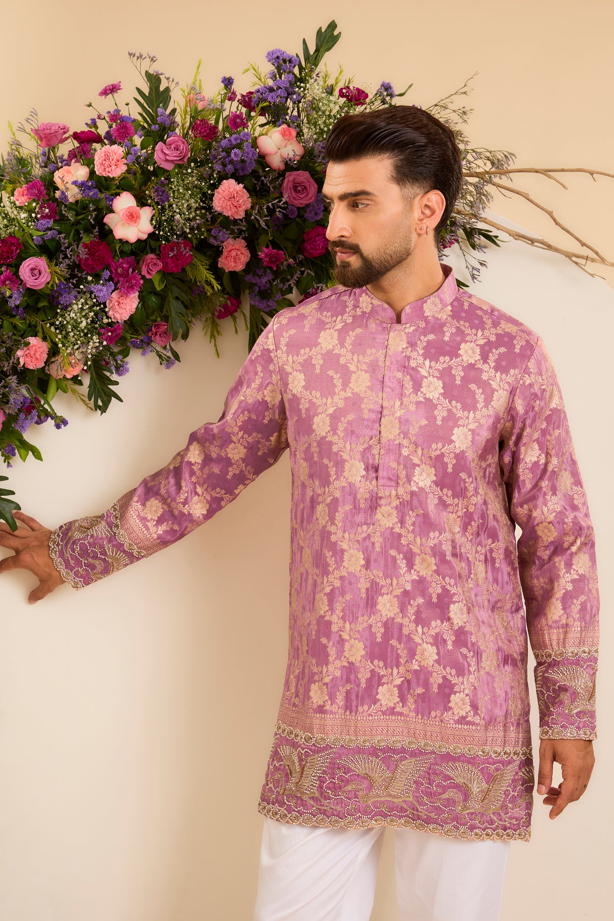 Purple  Tissue Kurta with a Flamingo-Embroidered Ghera