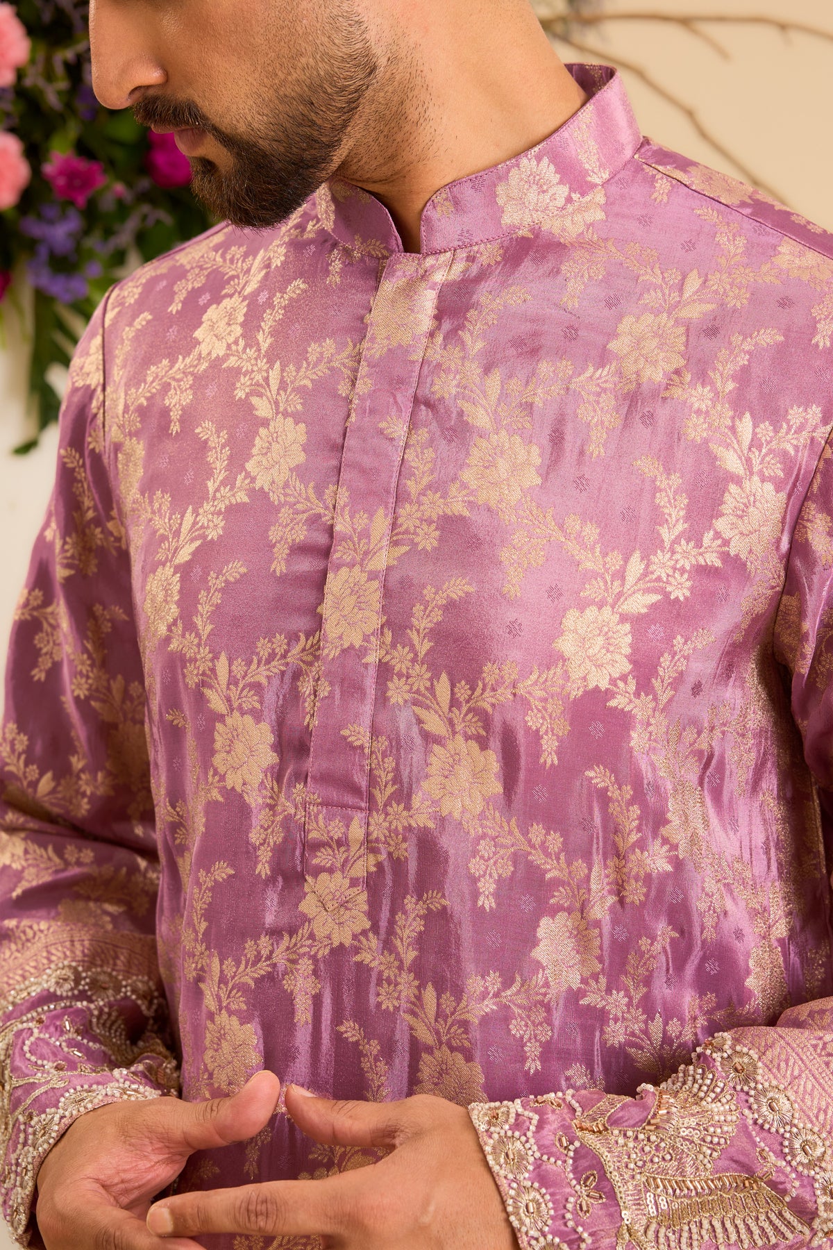 Purple  Tissue Kurta with a Flamingo-Embroidered Ghera