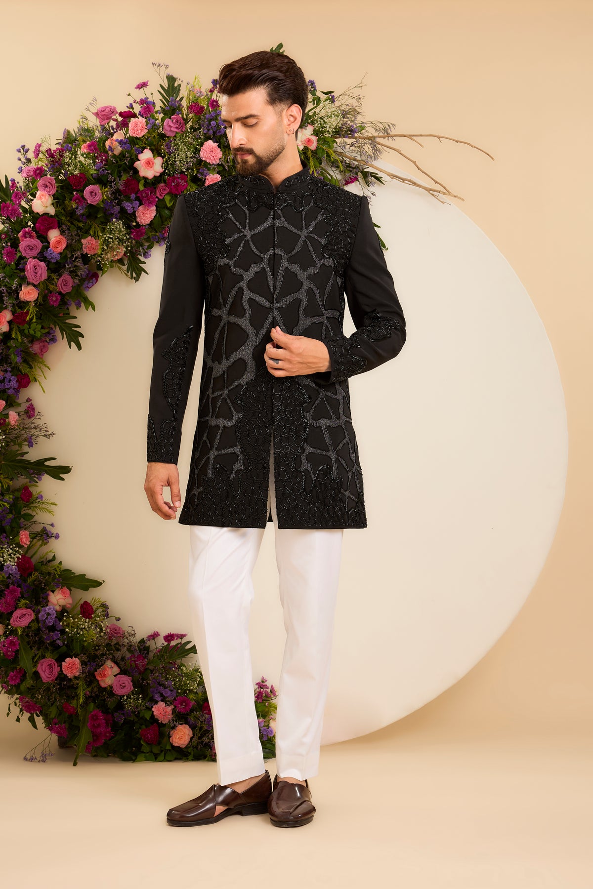 Sculptural Black Cut-Dana Work on a Contemporary Sherwani