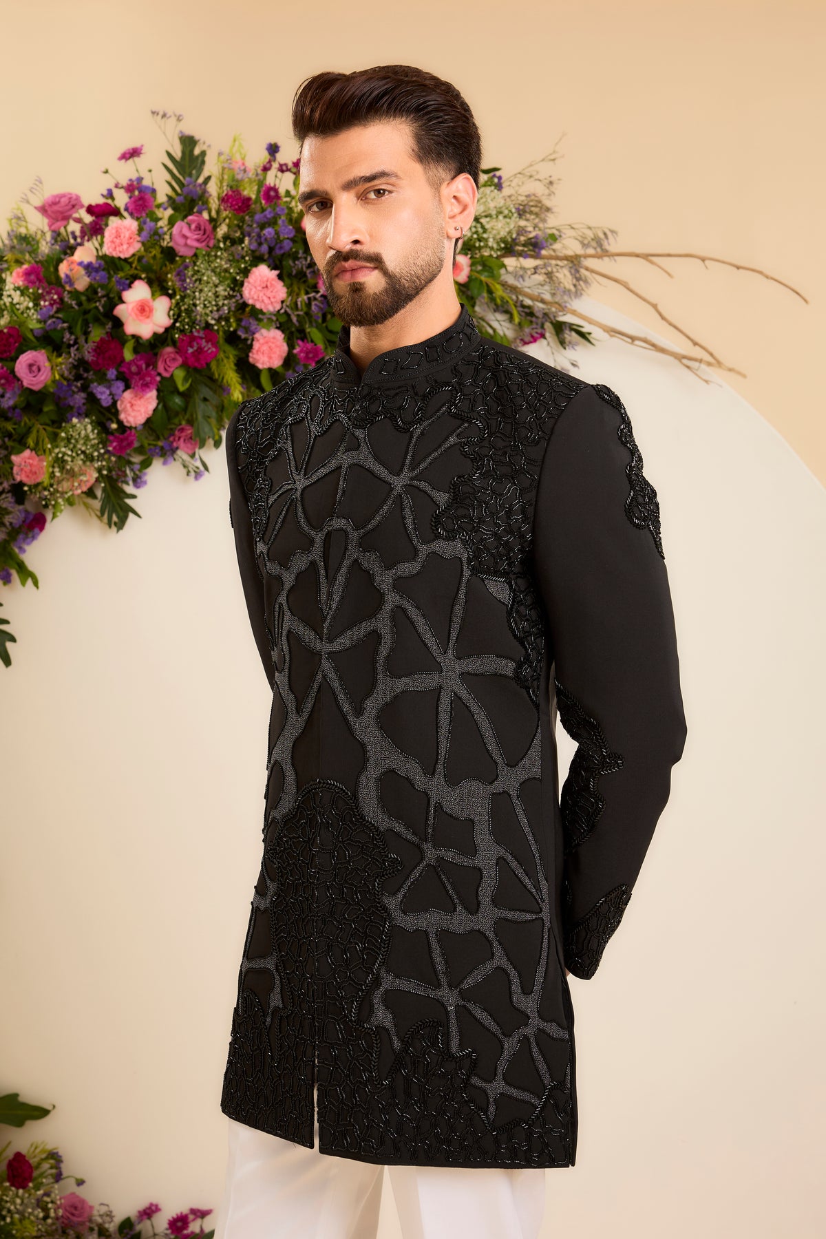 Sculptural Black Cut-Dana Work on a Contemporary Sherwani