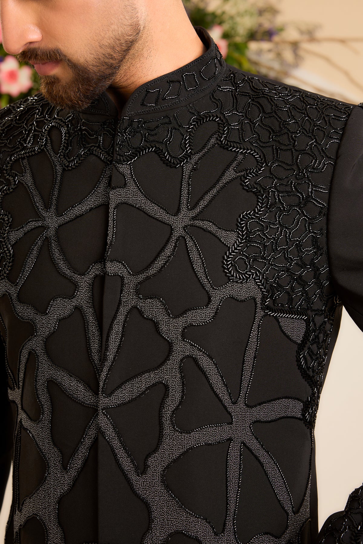 Sculptural Black Cut-Dana Work on a Contemporary Sherwani