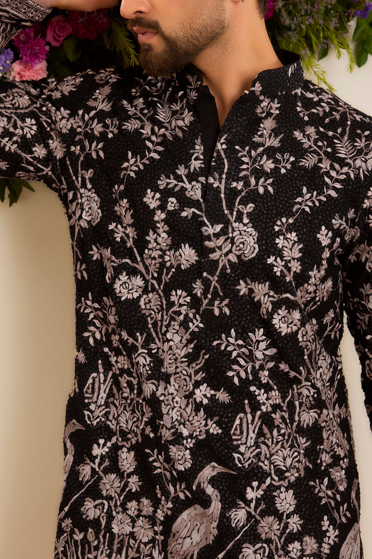 A Midnight Sequin short Kurta Embellished in Golden Threadwork and majestic flamingos