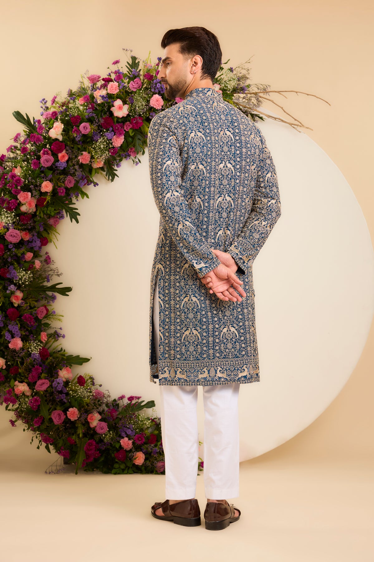 A Regal Blue long Kurta Woven with Ornate Zari Details