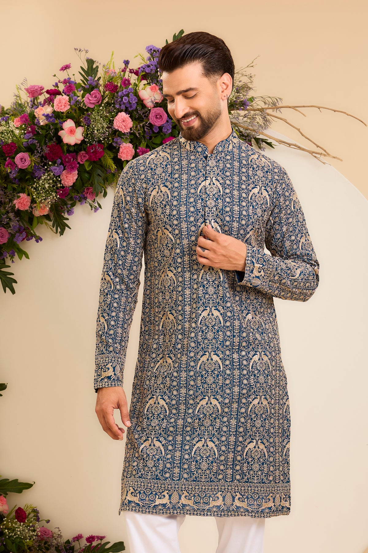 A Regal Blue long Kurta Woven with Ornate Zari Details