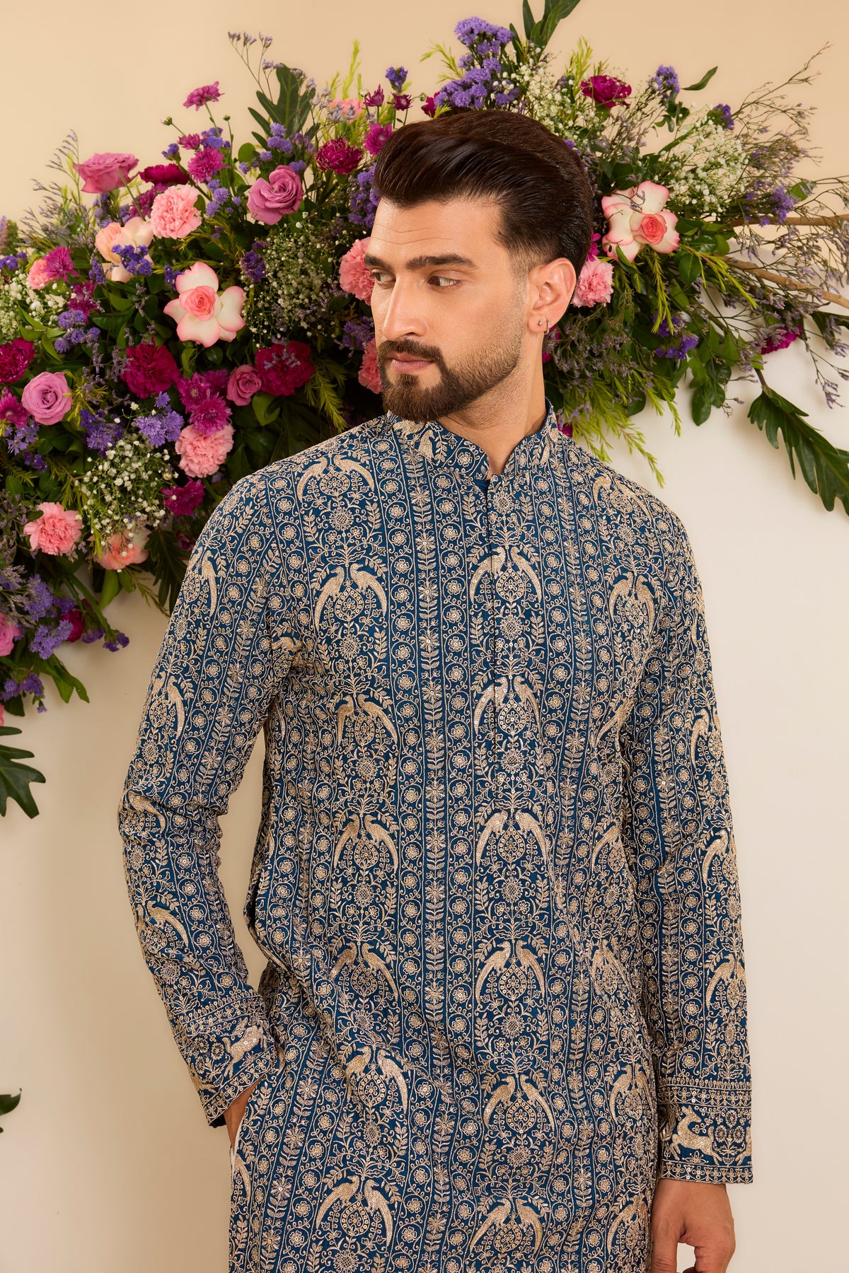 A Regal Blue long Kurta Woven with Ornate Zari Details