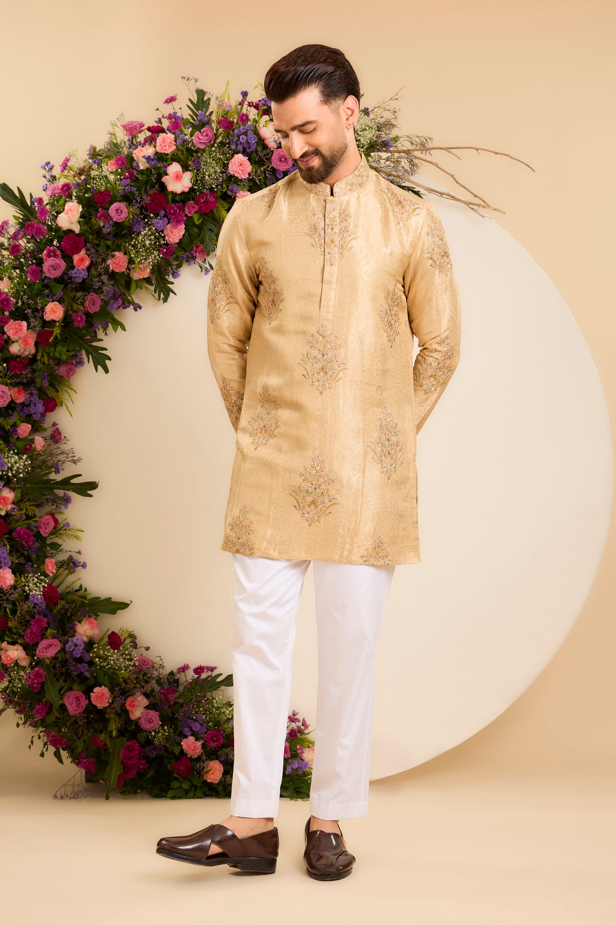 A Burnished Gold  Kurta Adorned with Floral Embroidery