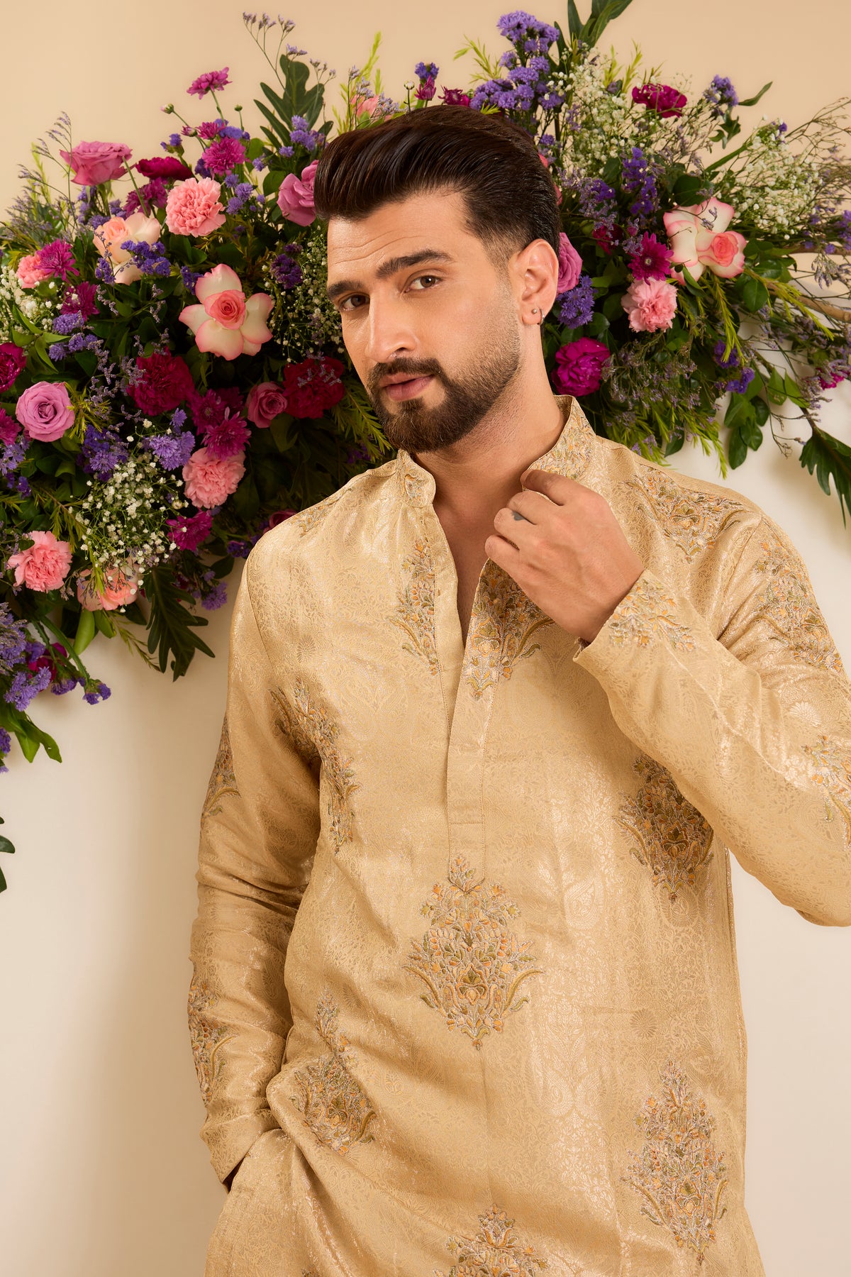 A Burnished Gold  Kurta Adorned with Floral Embroidery