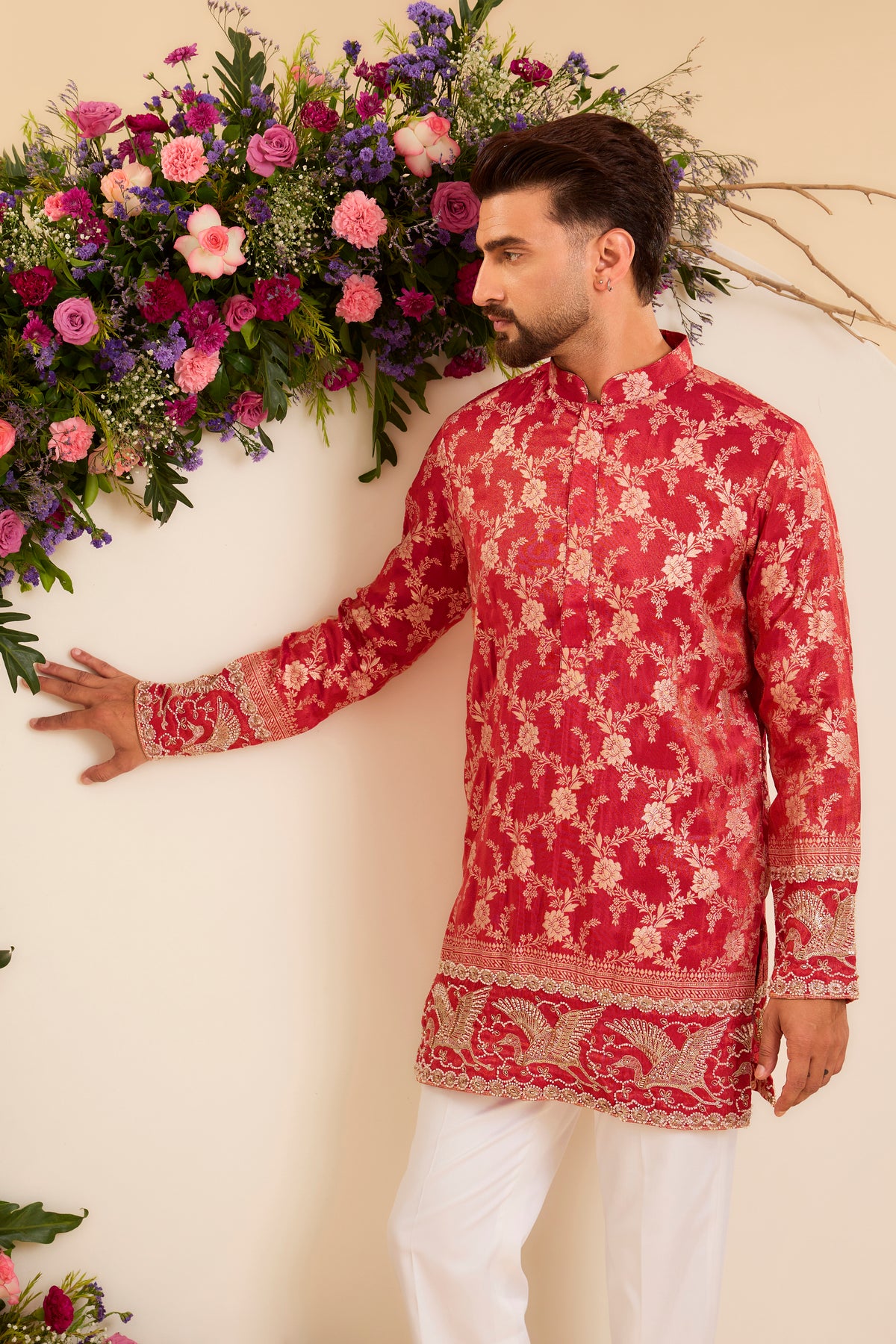 The Fiore — Red-orange Brocade Tissue Kurta with Regal Flamingos