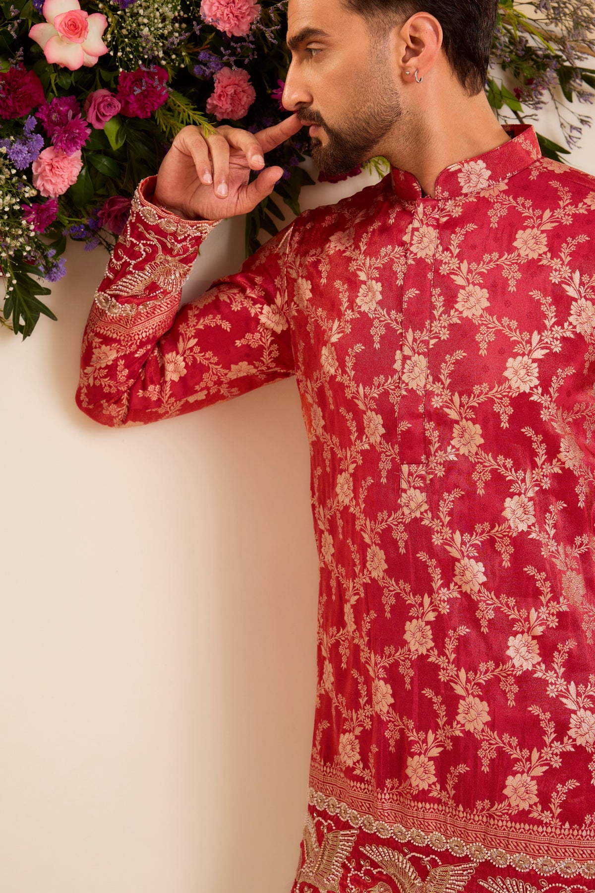 The Fiore — Red-orange Brocade Tissue Kurta with Regal Flamingos
