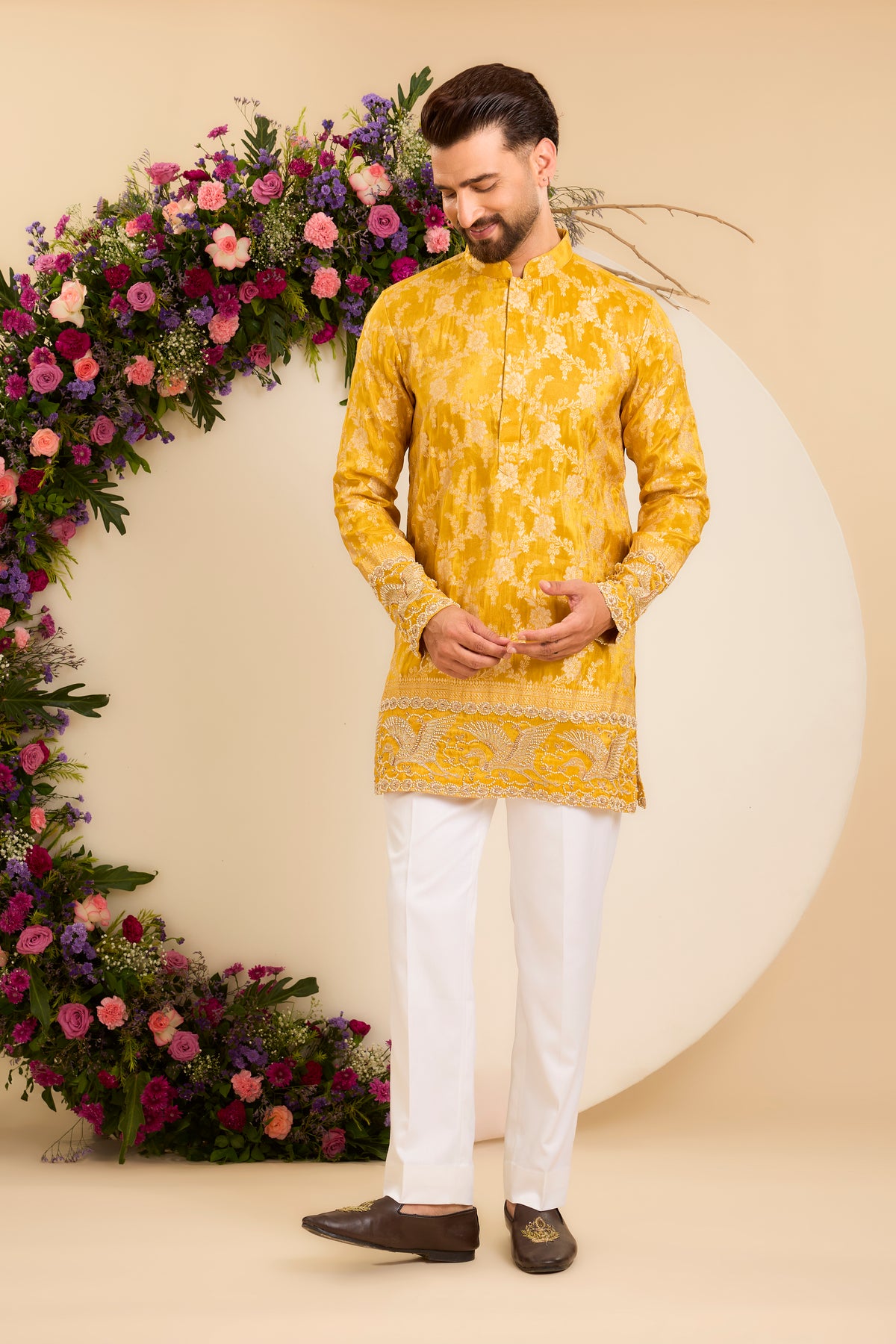 The Solenne — A Mustard yellow Brocade Tissue Kurta with Regal Flamingos