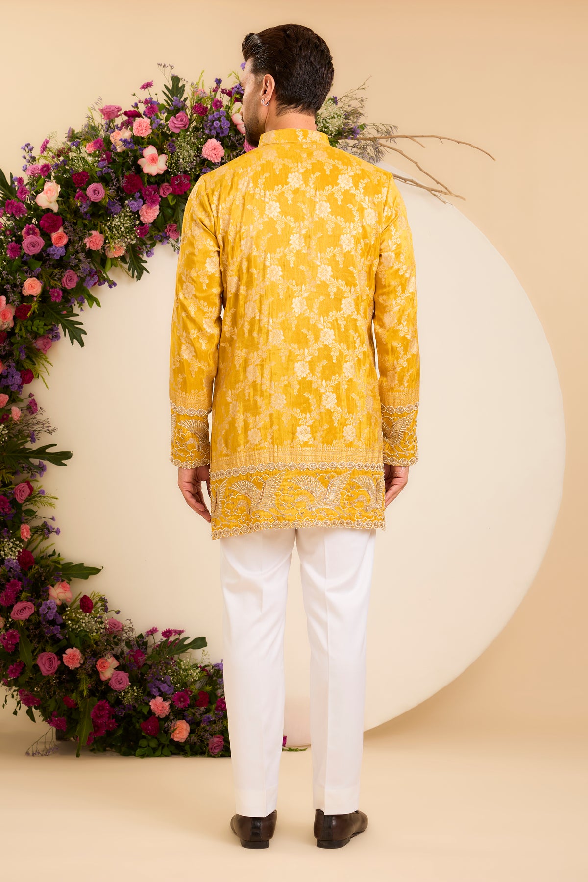 The Solenne — A Mustard yellow Brocade Tissue Kurta with Regal Flamingos