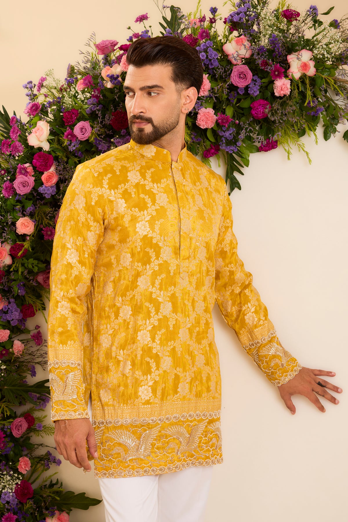 The Solenne — A Mustard yellow Brocade Tissue Kurta with Regal Flamingos