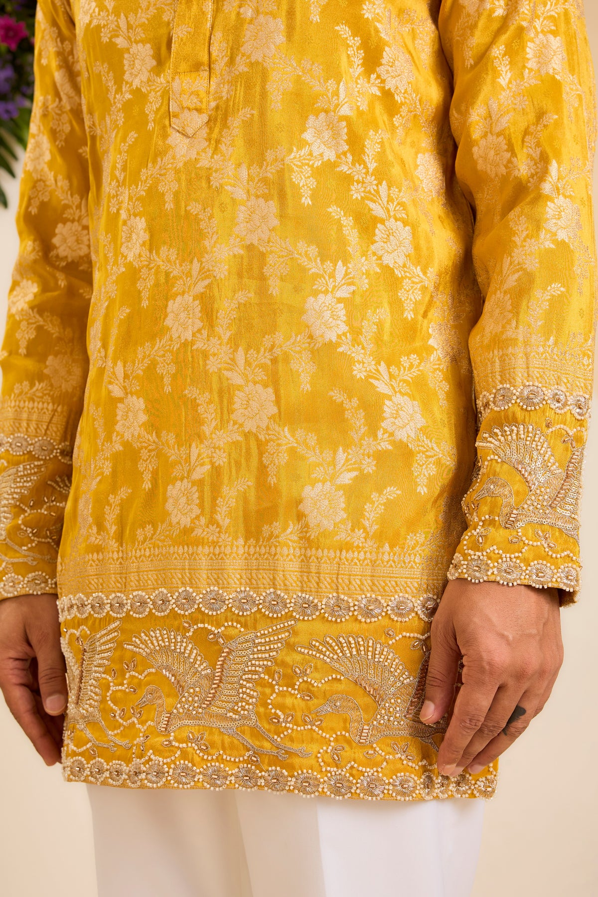 The Solenne — A Mustard yellow Brocade Tissue Kurta with Regal Flamingos