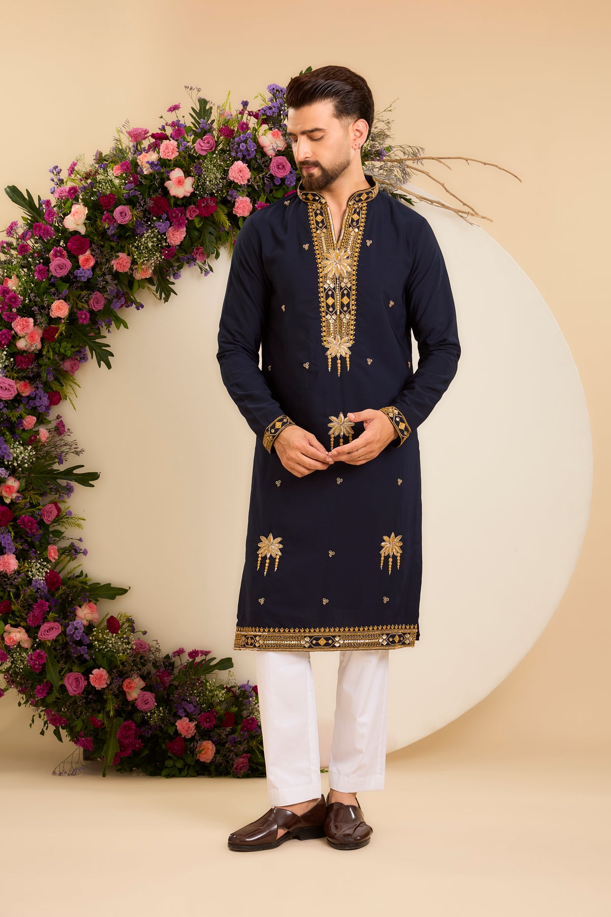 A Blue V- neck Kurta Illuminated with Sequins and Cut-Dana
