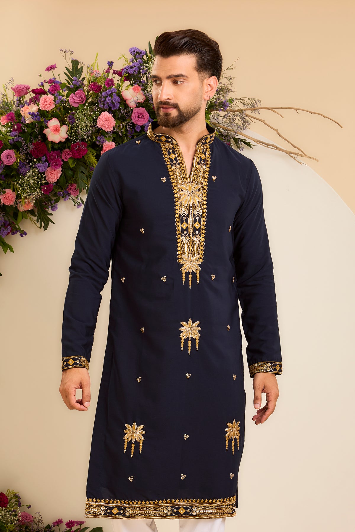 A Blue V- neck Kurta Illuminated with Sequins and Cut-Dana