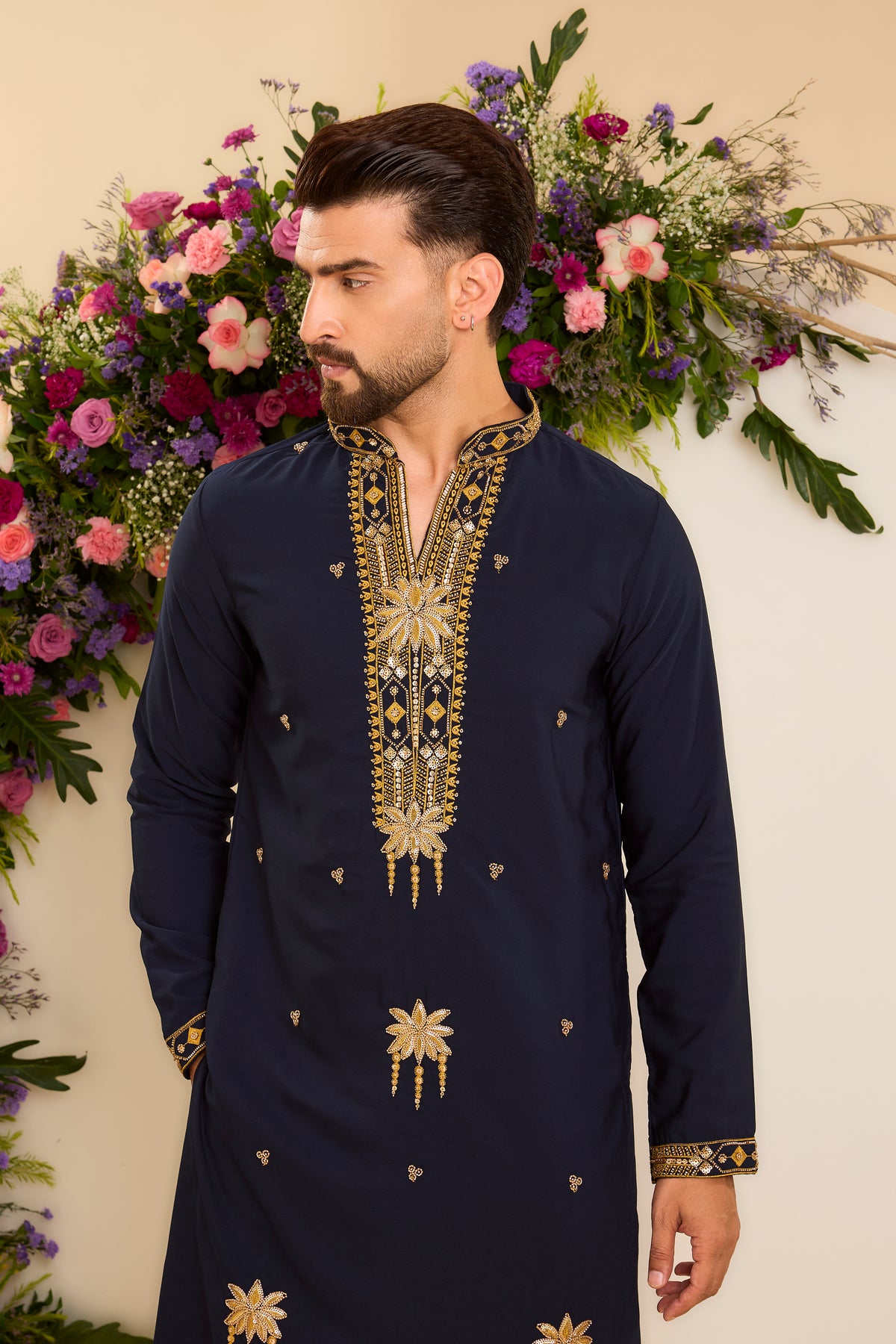 A Blue V- neck Kurta Illuminated with Sequins and Cut-Dana