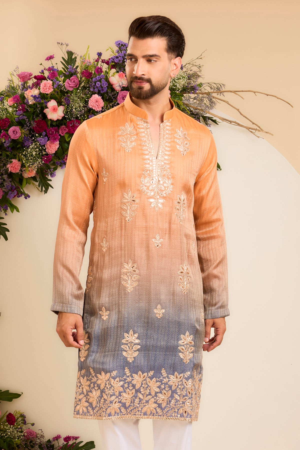 The Amara — A Textured Ombre Kurta with Floral Leatherwork