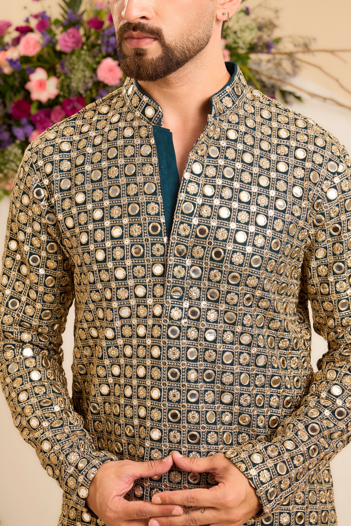 Teal short mirror work kurta drapped in zari