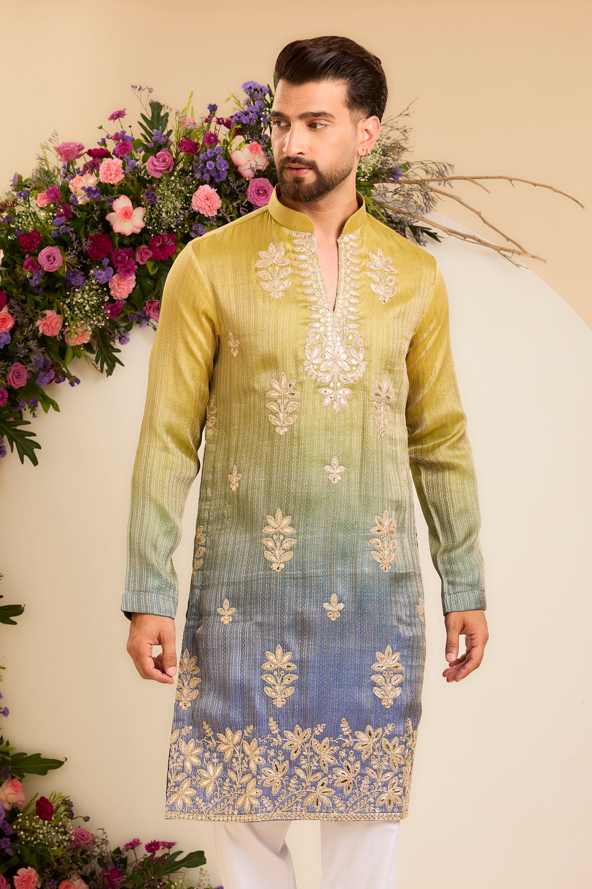 The Elara — A Soft Ombre Kurta with Intricate Floral Leatherwork