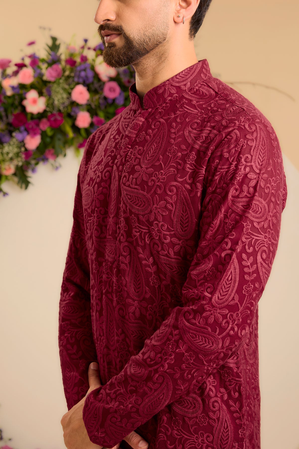A  red/maroon chikankari Short Kurta with Intricate Paisley Embroidery