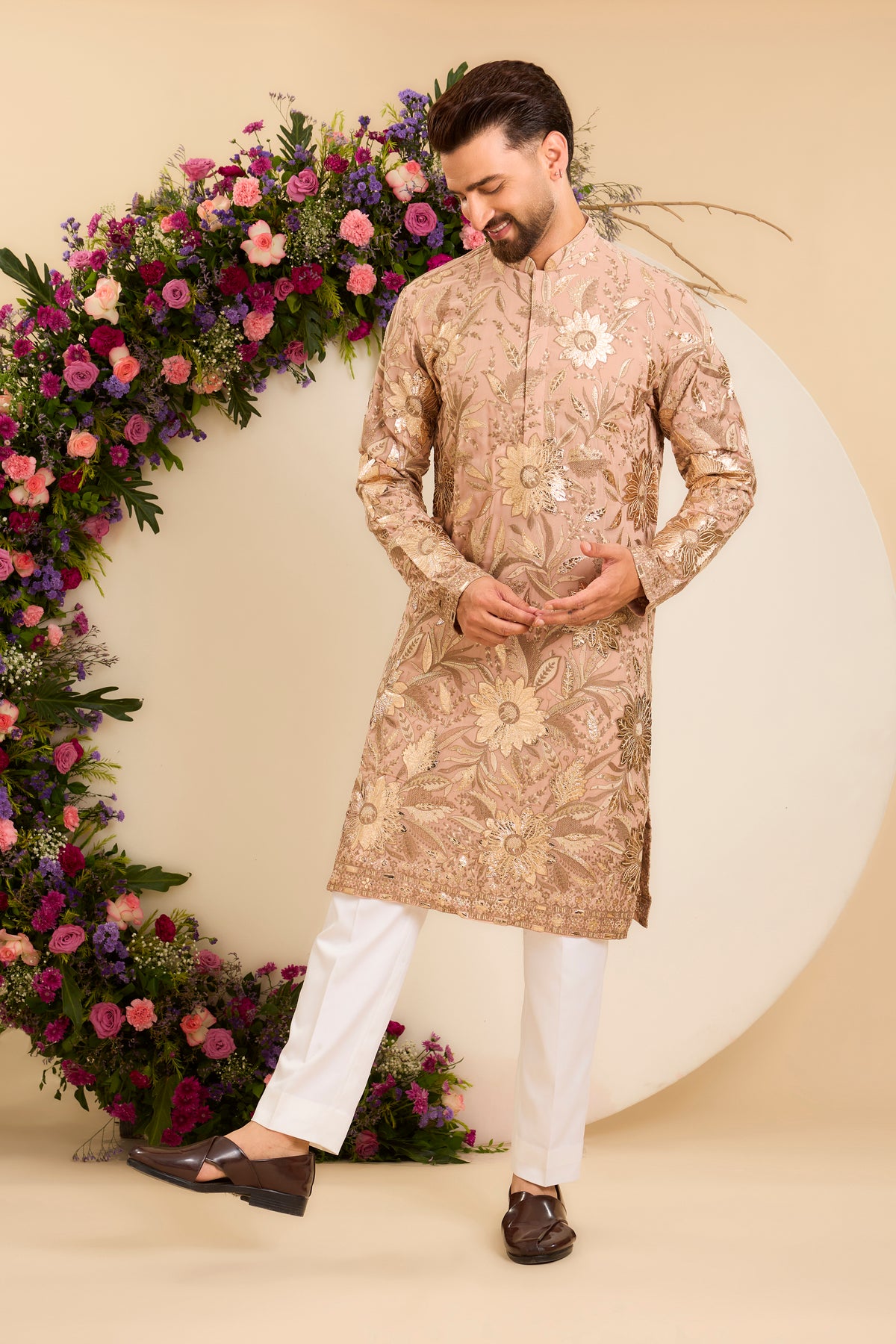 The Fleur — A Pink Peach floral Kurta Richly Detailed with Leather patchwork