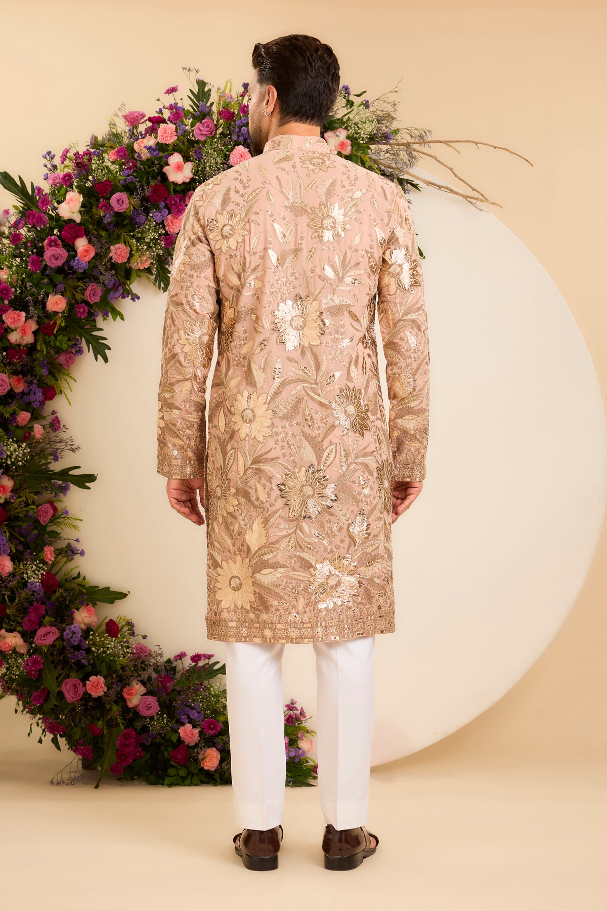The Fleur — A Pink Peach floral Kurta Richly Detailed with Leather patchwork