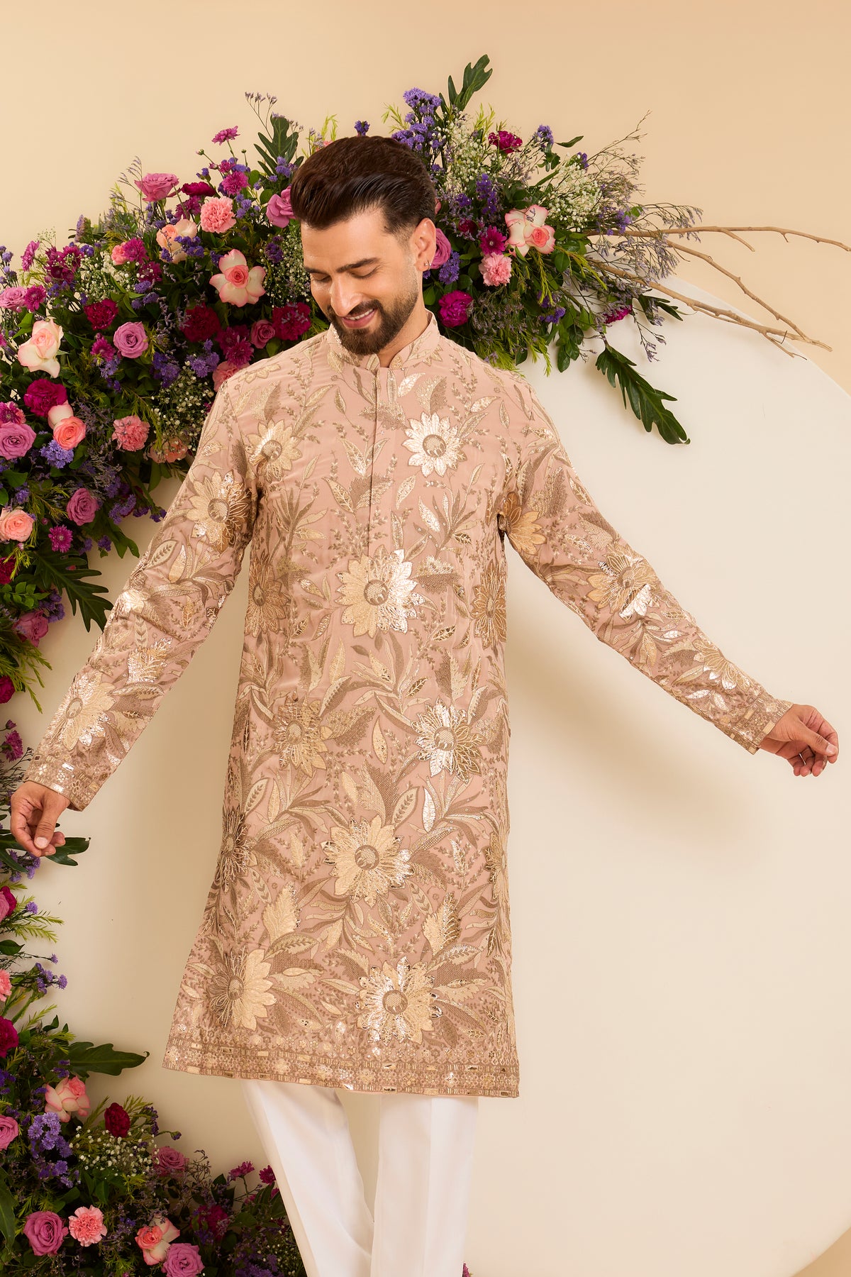 The Fleur — A Pink Peach floral Kurta Richly Detailed with Leather patchwork