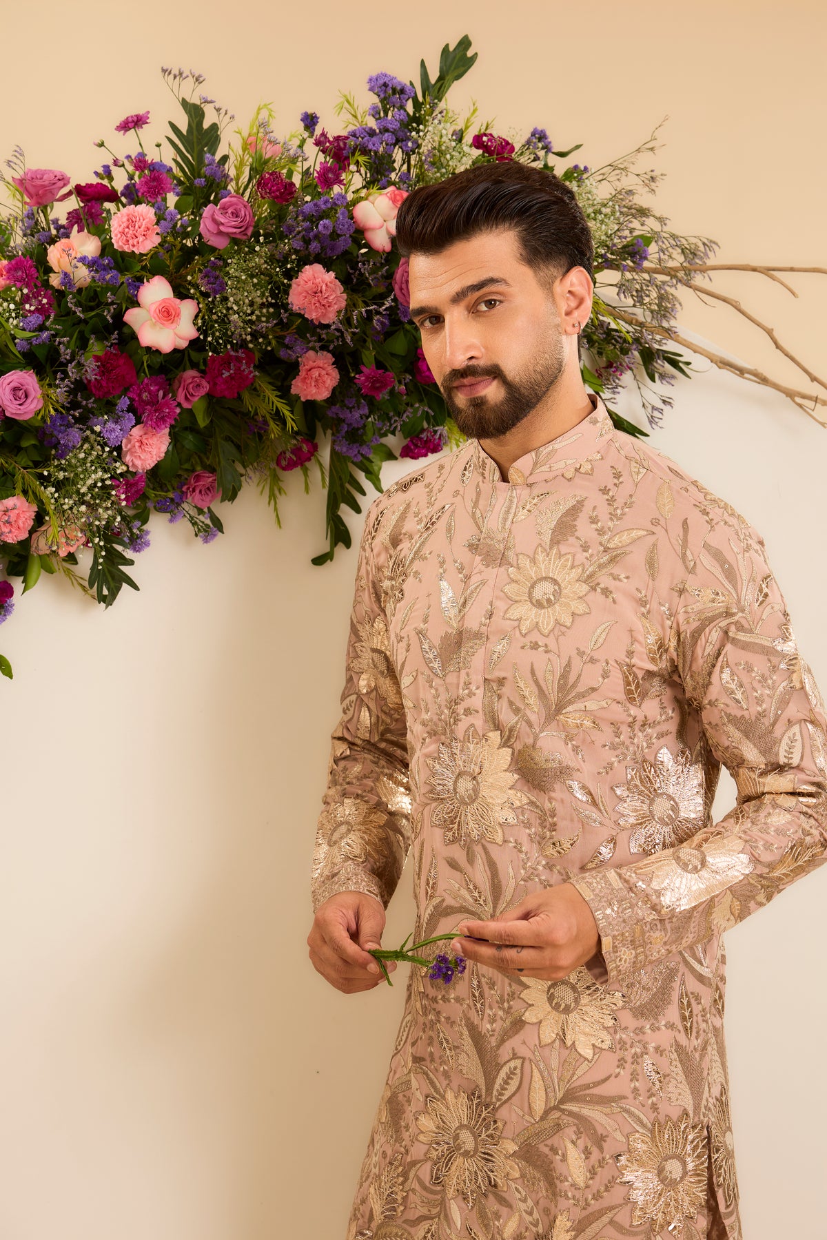 The Fleur — A Pink Peach floral Kurta Richly Detailed with Leather patchwork