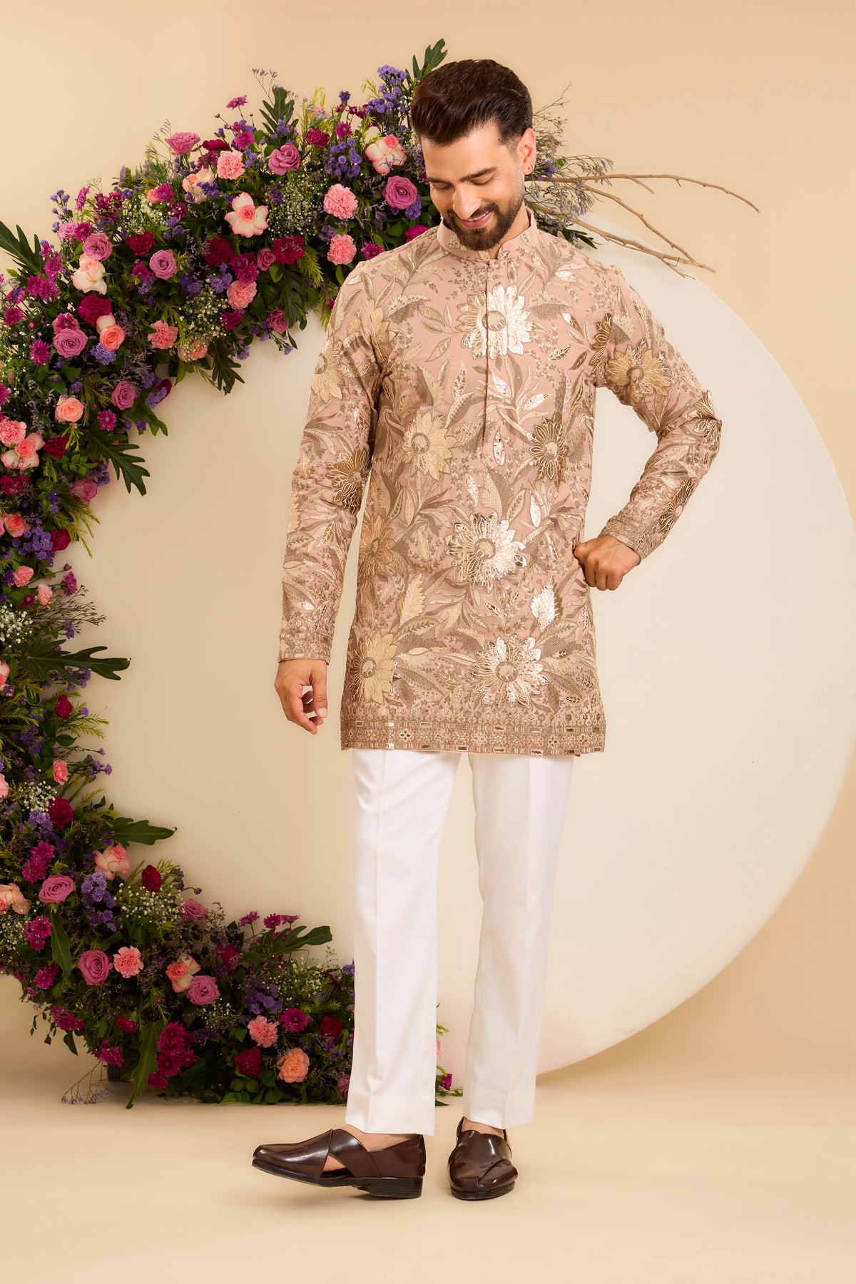 The Fleur — A Pink Peach floral short Kurta Richly Detailed with Leather patchwork