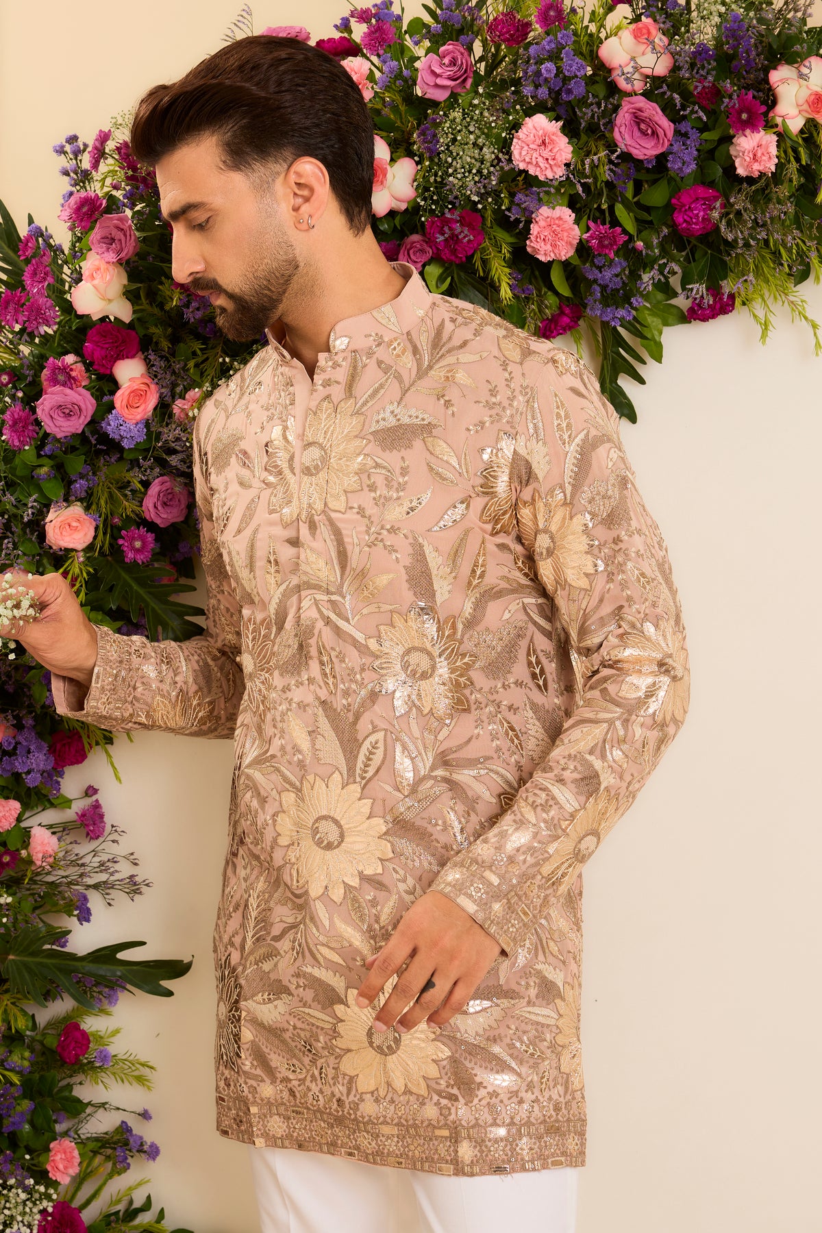 The Fleur — A Pink Peach floral short Kurta Richly Detailed with Leather patchwork