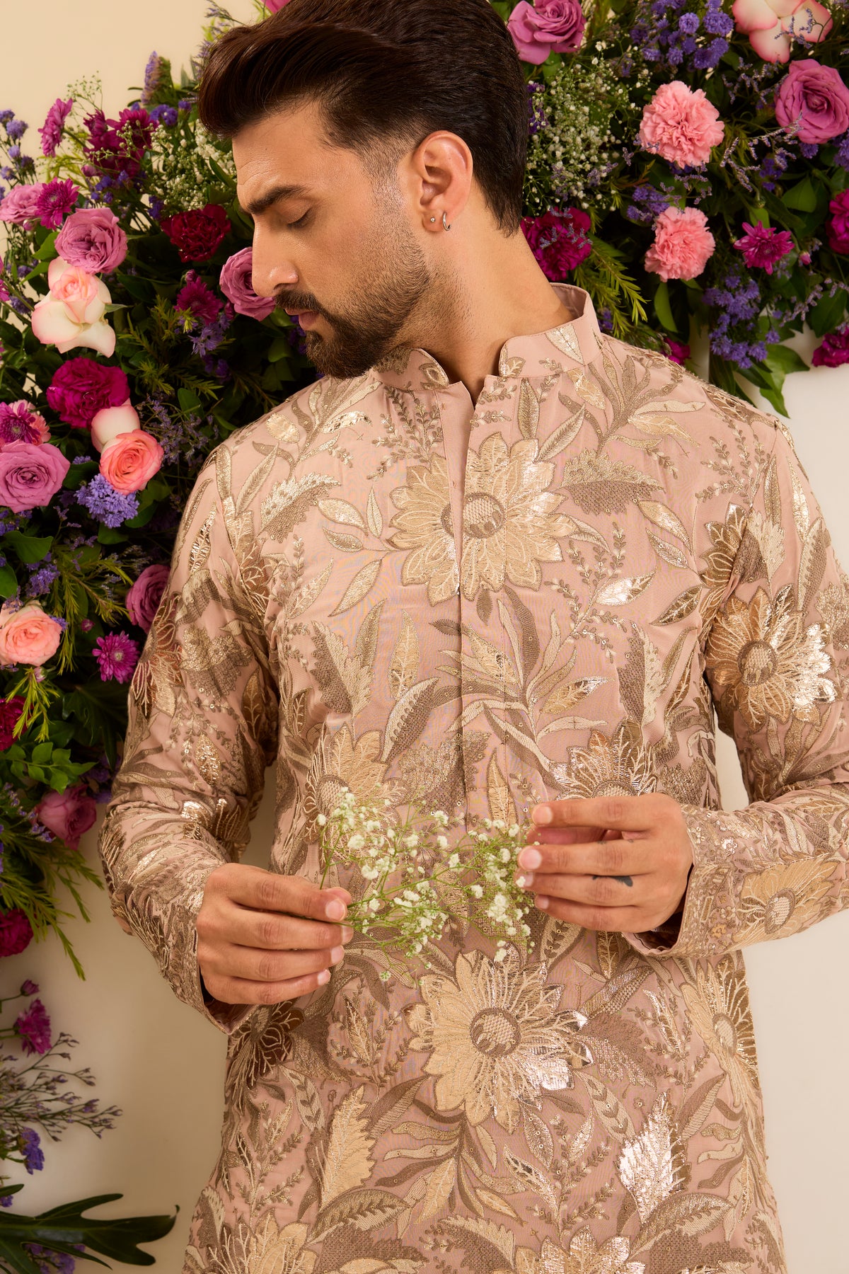 The Fleur — A Pink Peach floral short Kurta Richly Detailed with Leather patchwork