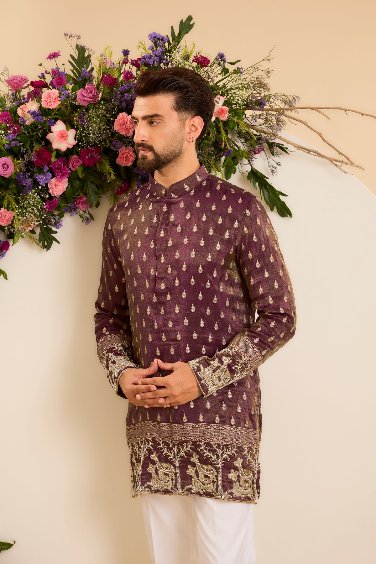 The wine Tissue Kurta with a  deer-Embroidered Ghera
