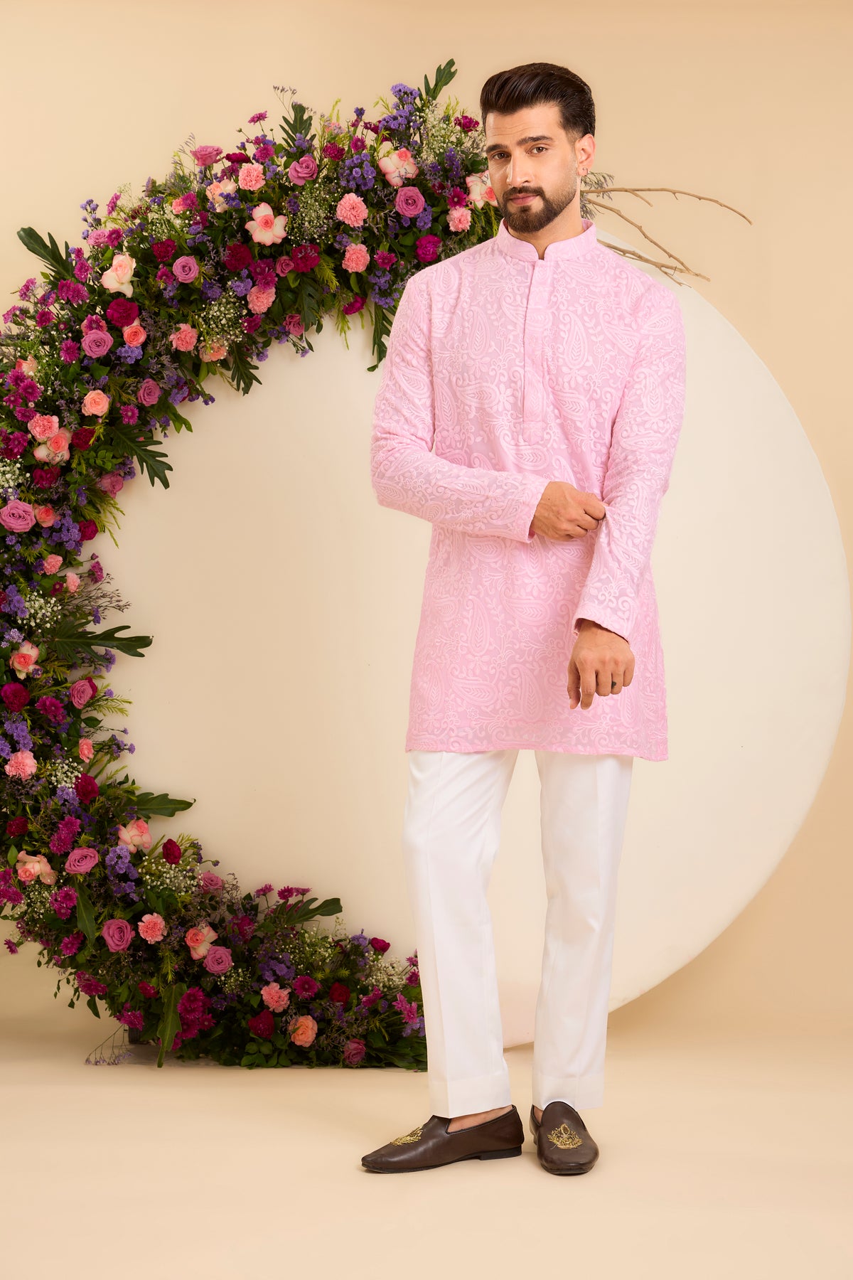 Pink Short chikankari Kurta with Intricate Paisley Embroidery