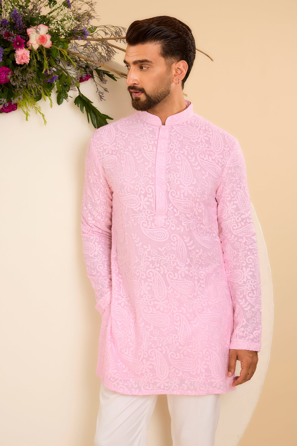 Pink Short chikankari Kurta with Intricate Paisley Embroidery