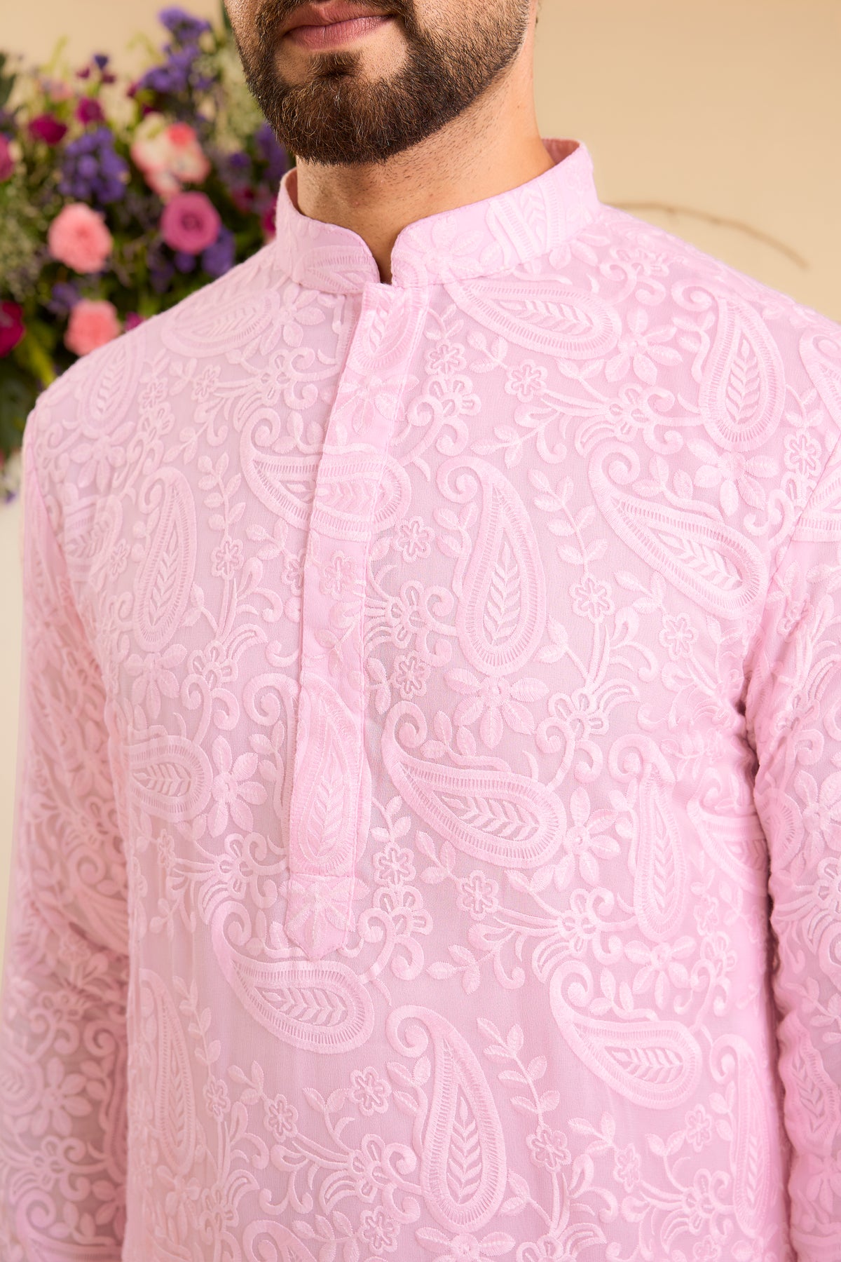 Pink Short chikankari Kurta with Intricate Paisley Embroidery