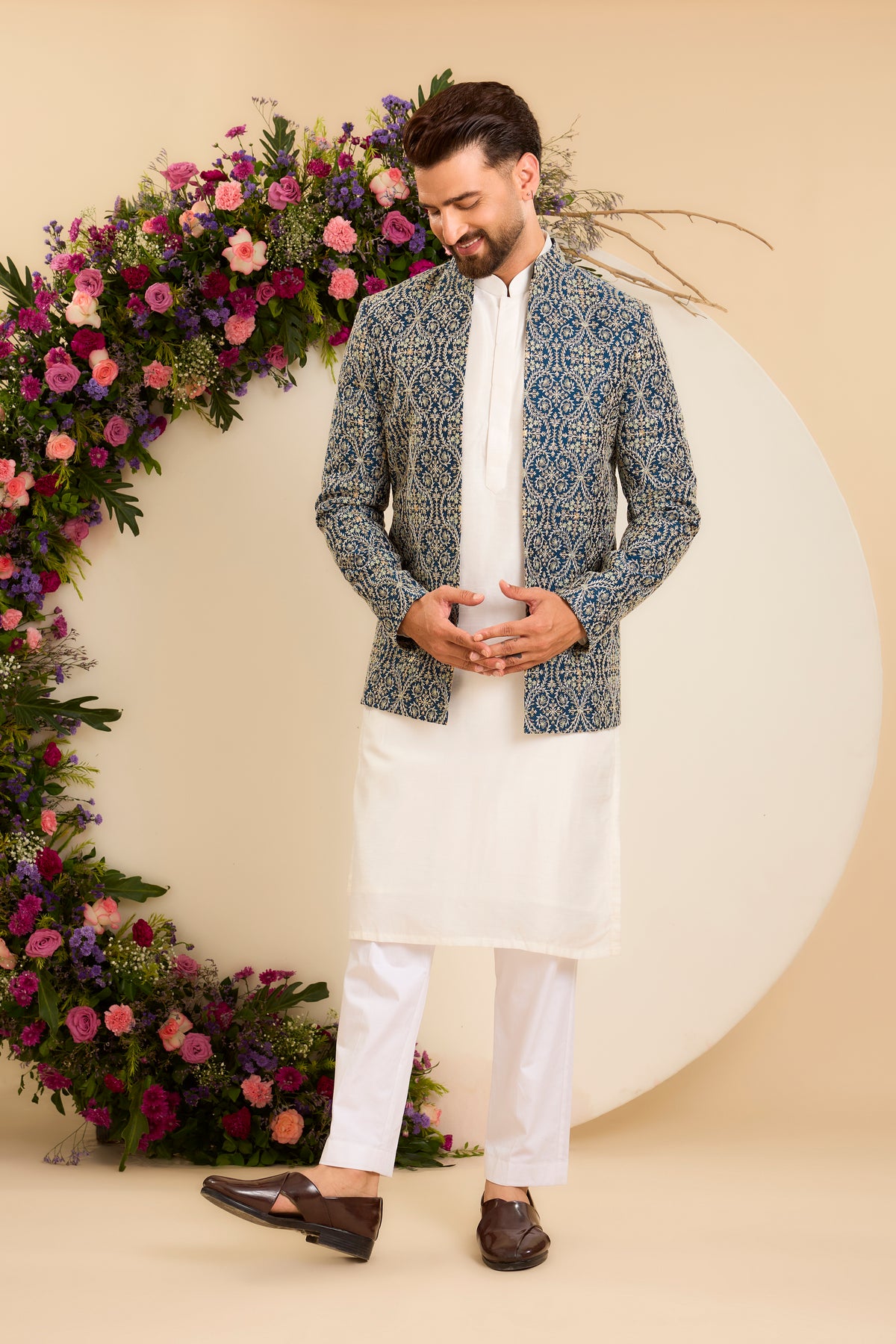 The Savoy — An Open-Front Bandhgala in Blue and Ivory