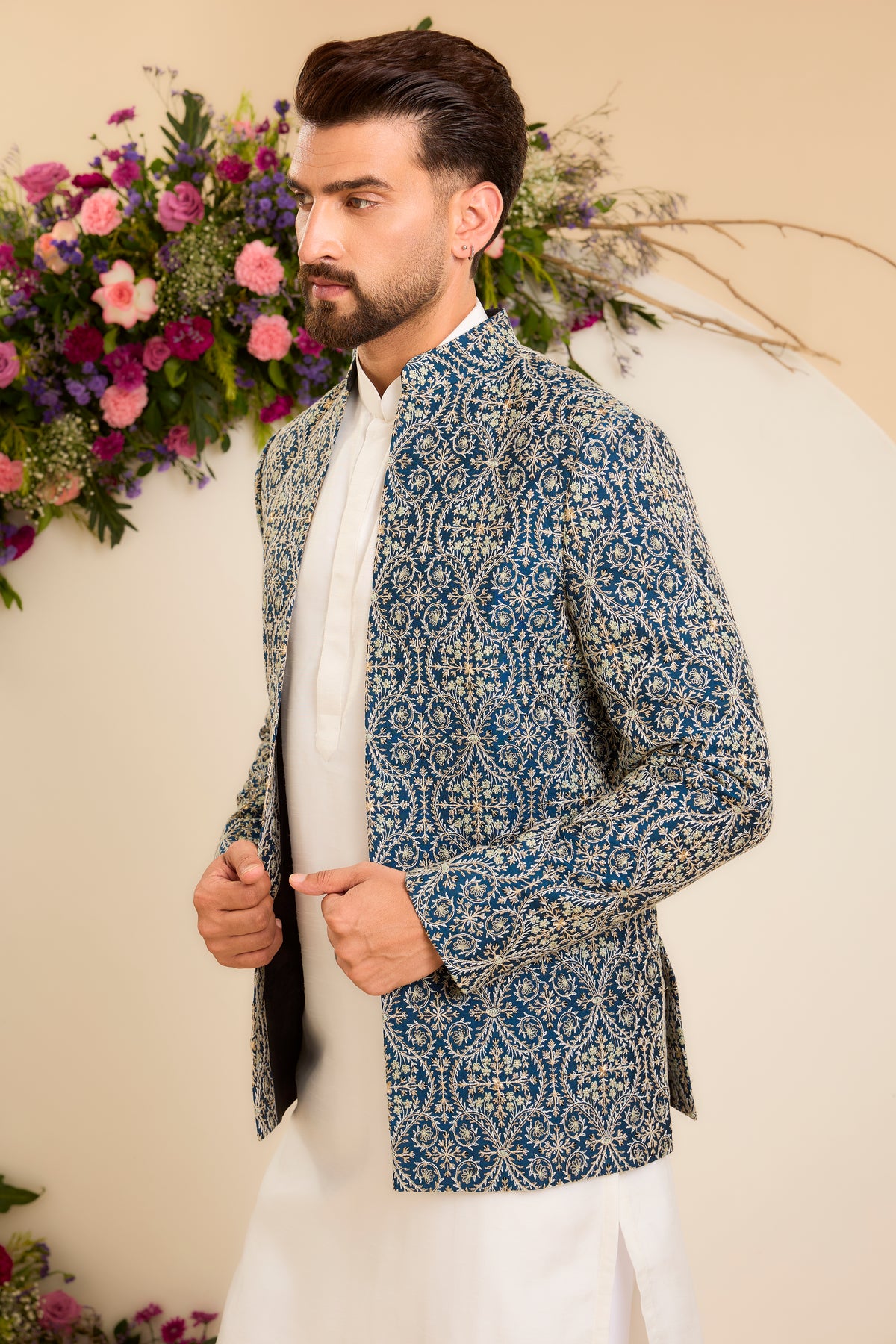 The Savoy — An Open-Front Bandhgala in Blue and Ivory