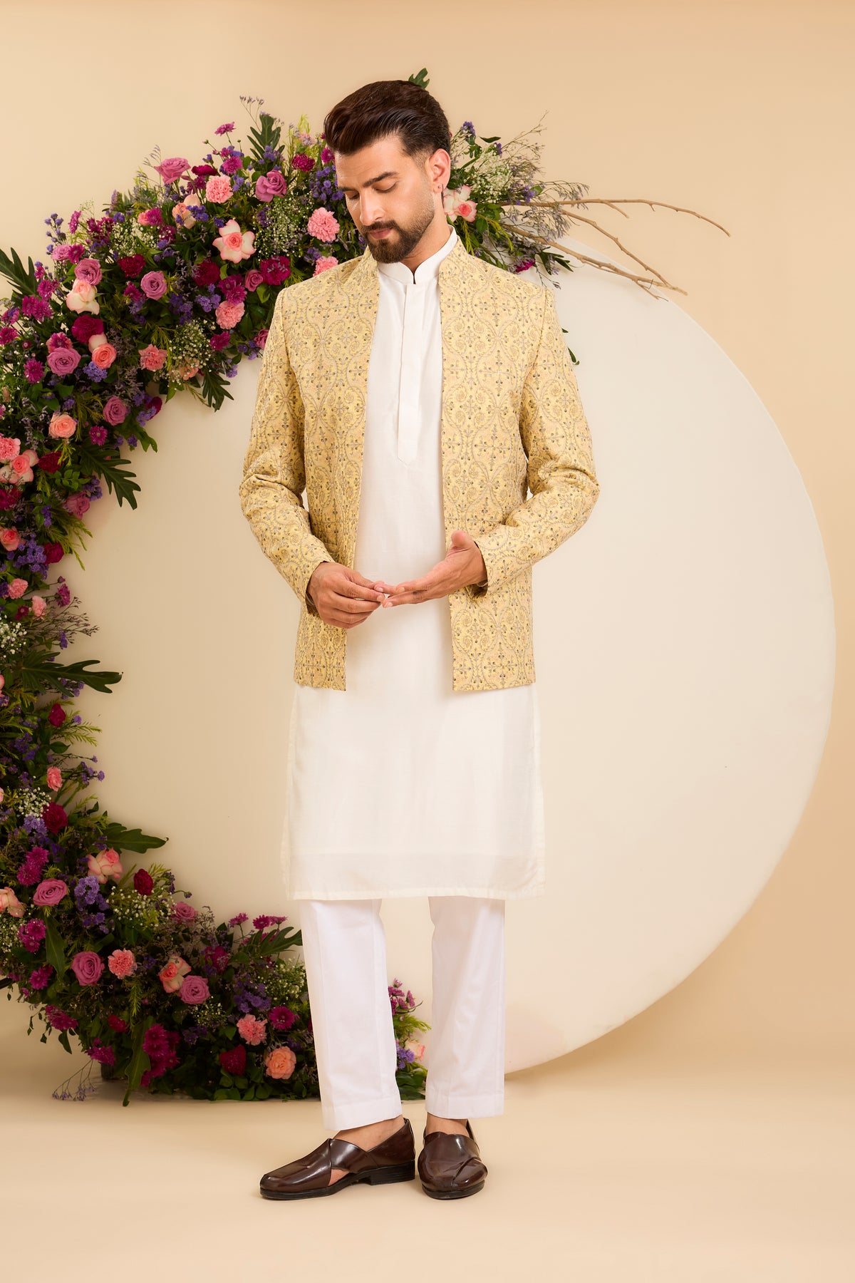 The Savoy — An Open-Front Bandhgala in yellow, grey and Ivory