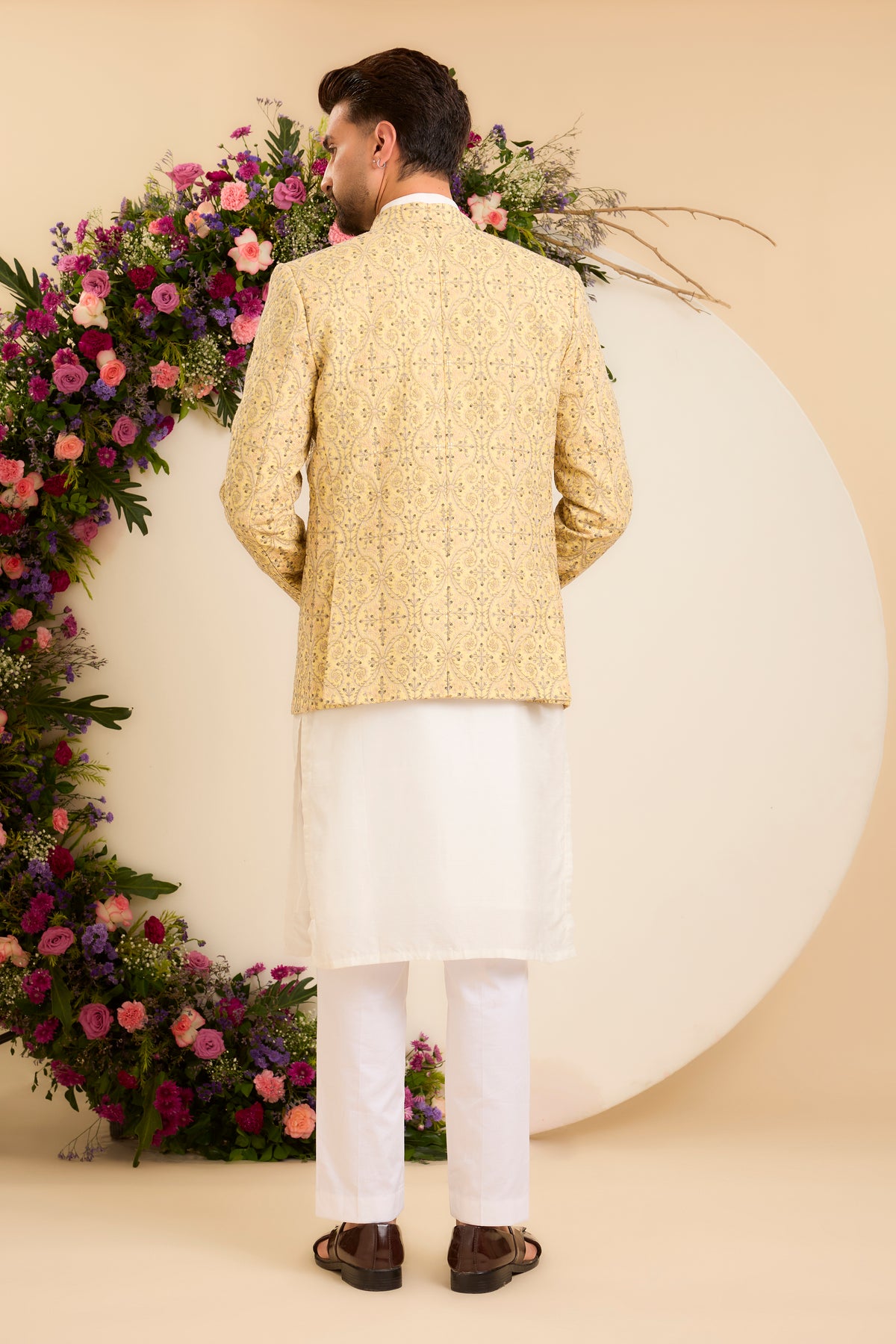 The Savoy — An Open-Front Bandhgala in yellow, grey and Ivory