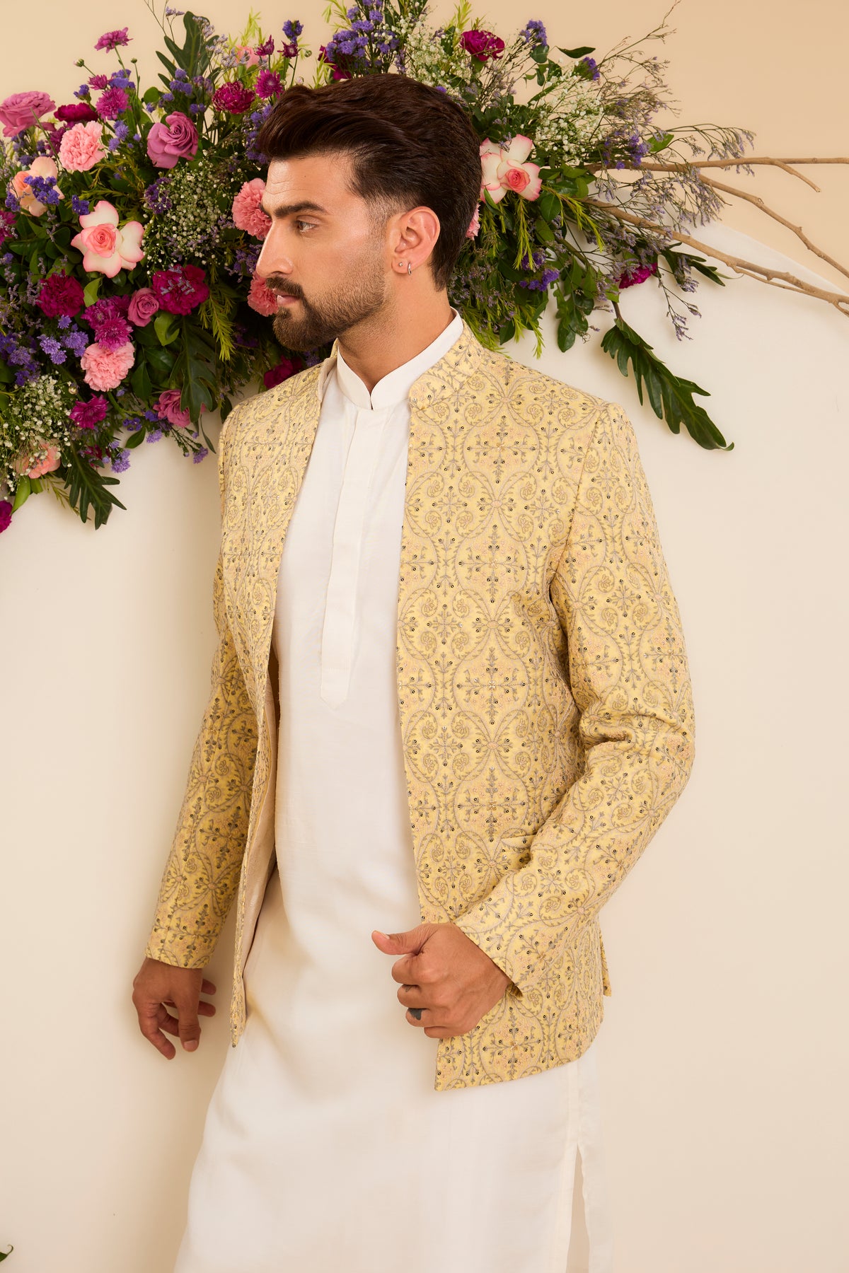 The Savoy — An Open-Front Bandhgala in yellow, grey and Ivory