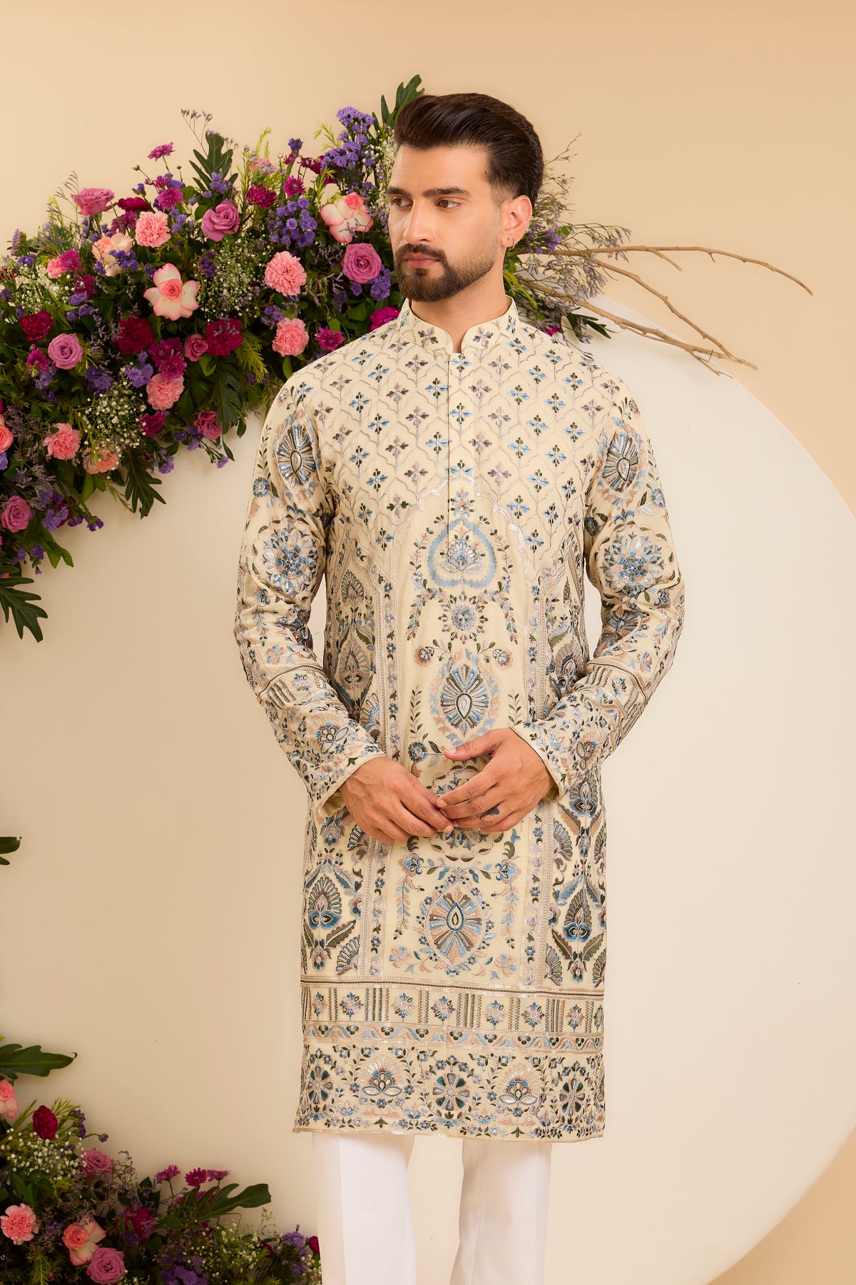 The Somerset — A Multicoloured Embroidered Kurta in Cream Beige