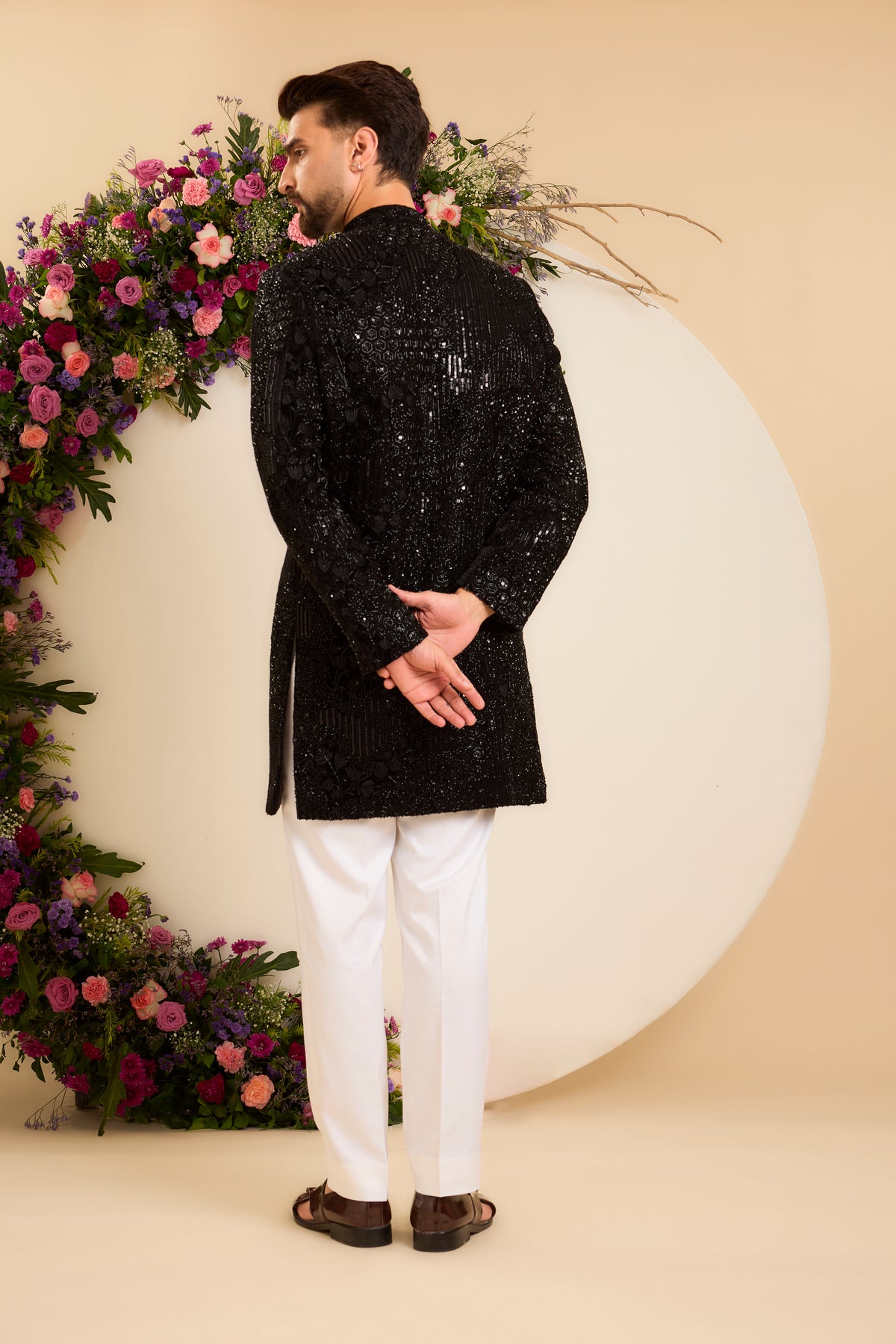 The Noir — A Velvet Short Sherwani with Abstract Floral Handwork