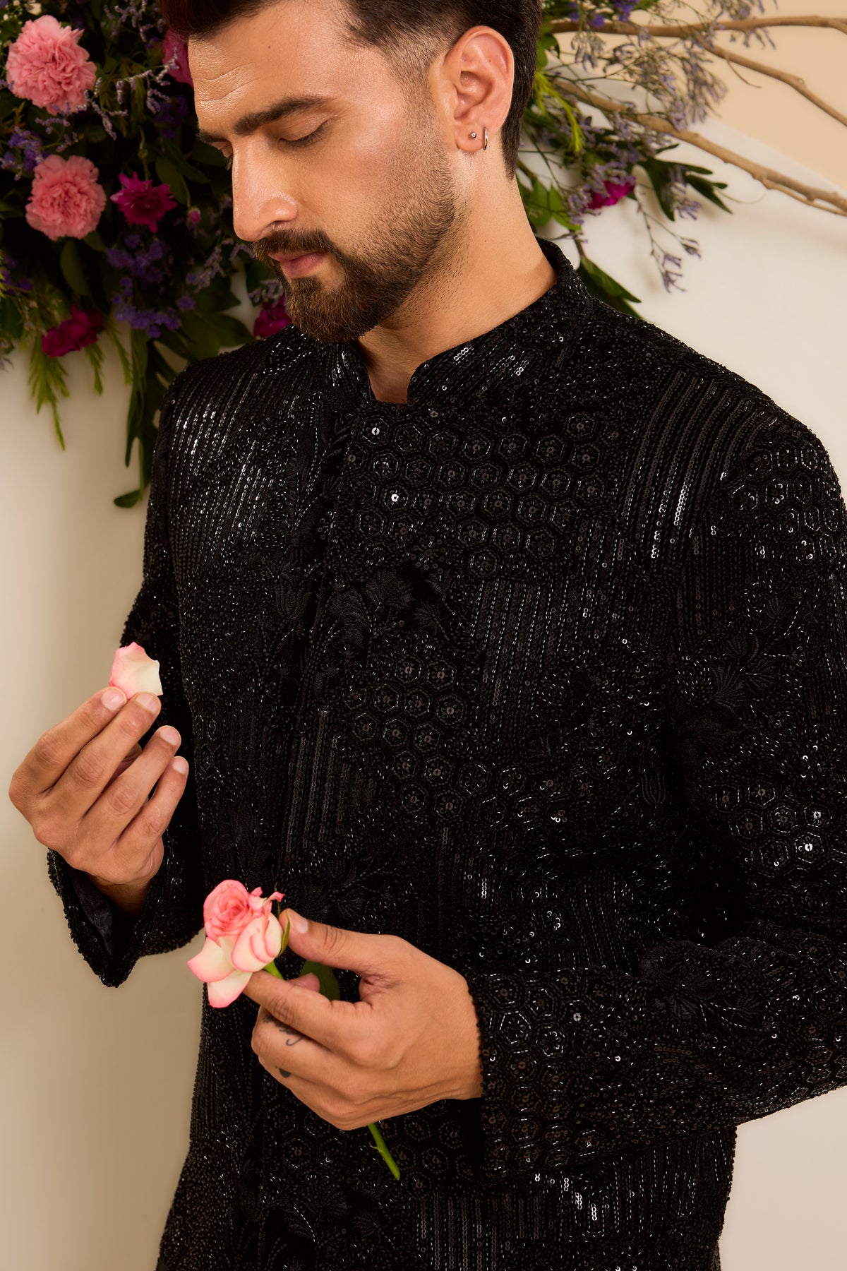 The Noir — A Velvet Short Sherwani with Abstract Floral Handwork