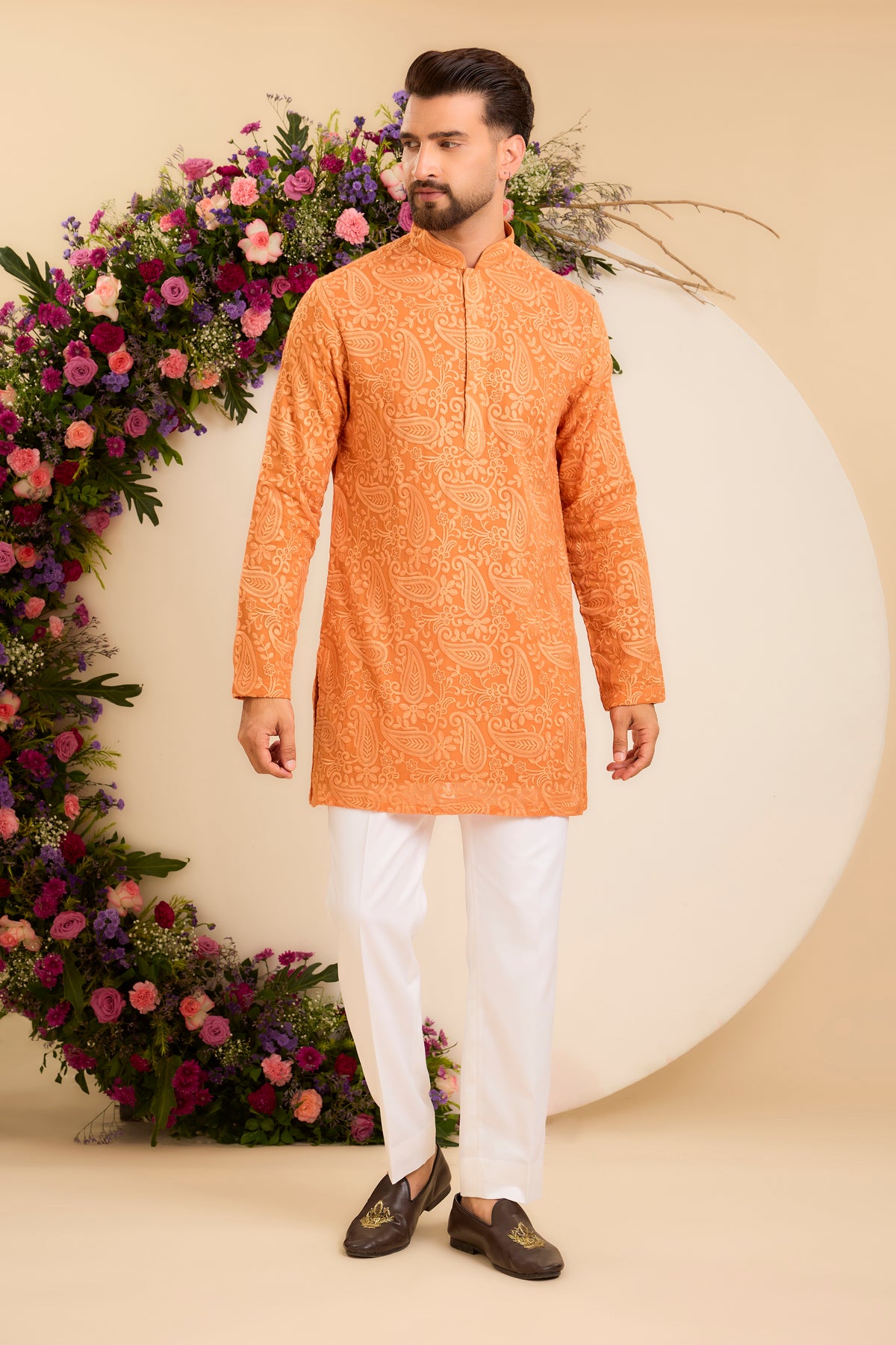 Orange Short chikankari Kurta with Intricate Paisley Embroidery
