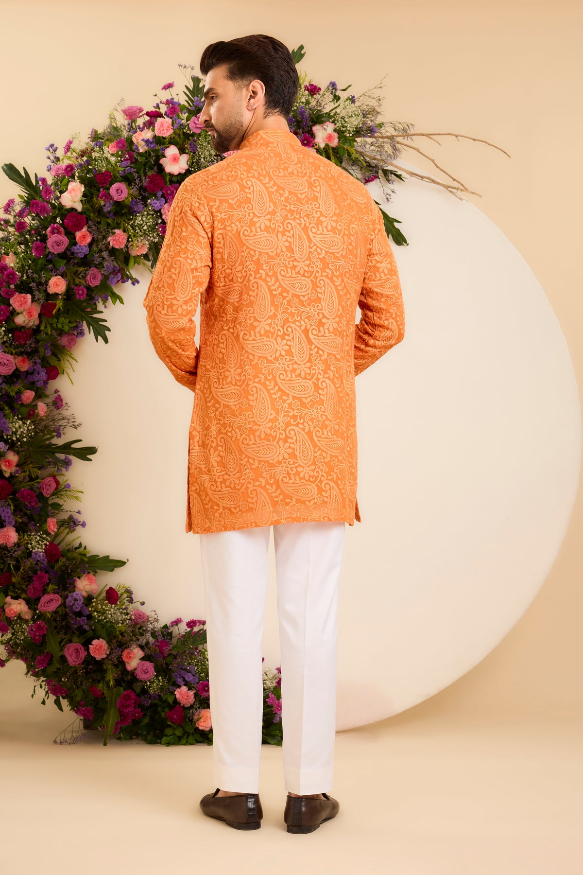 Orange Short chikankari Kurta with Intricate Paisley Embroidery